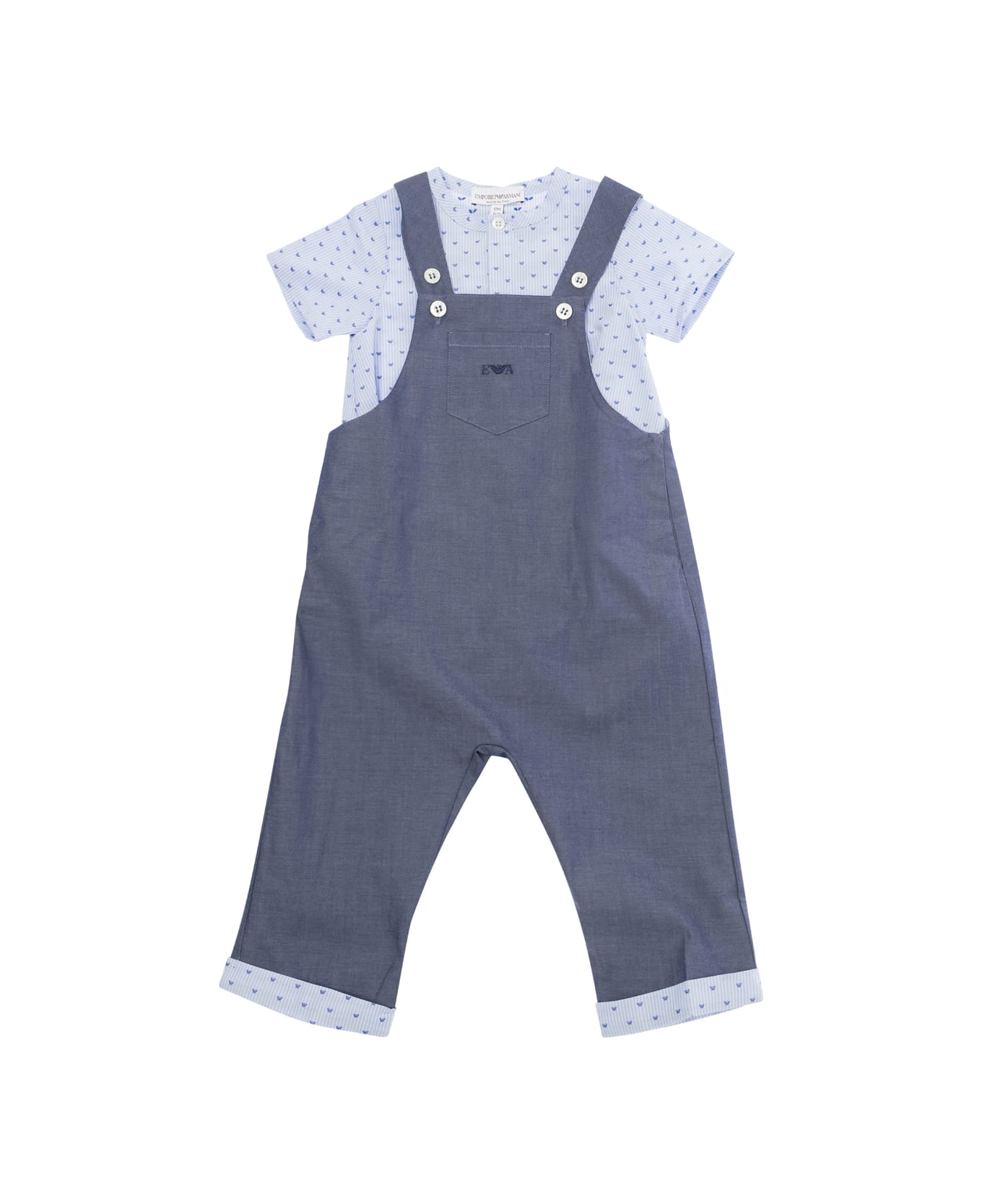 Emporio Armani Blue Dungarees With Logo Embroidery In Cotton Baby - Blu