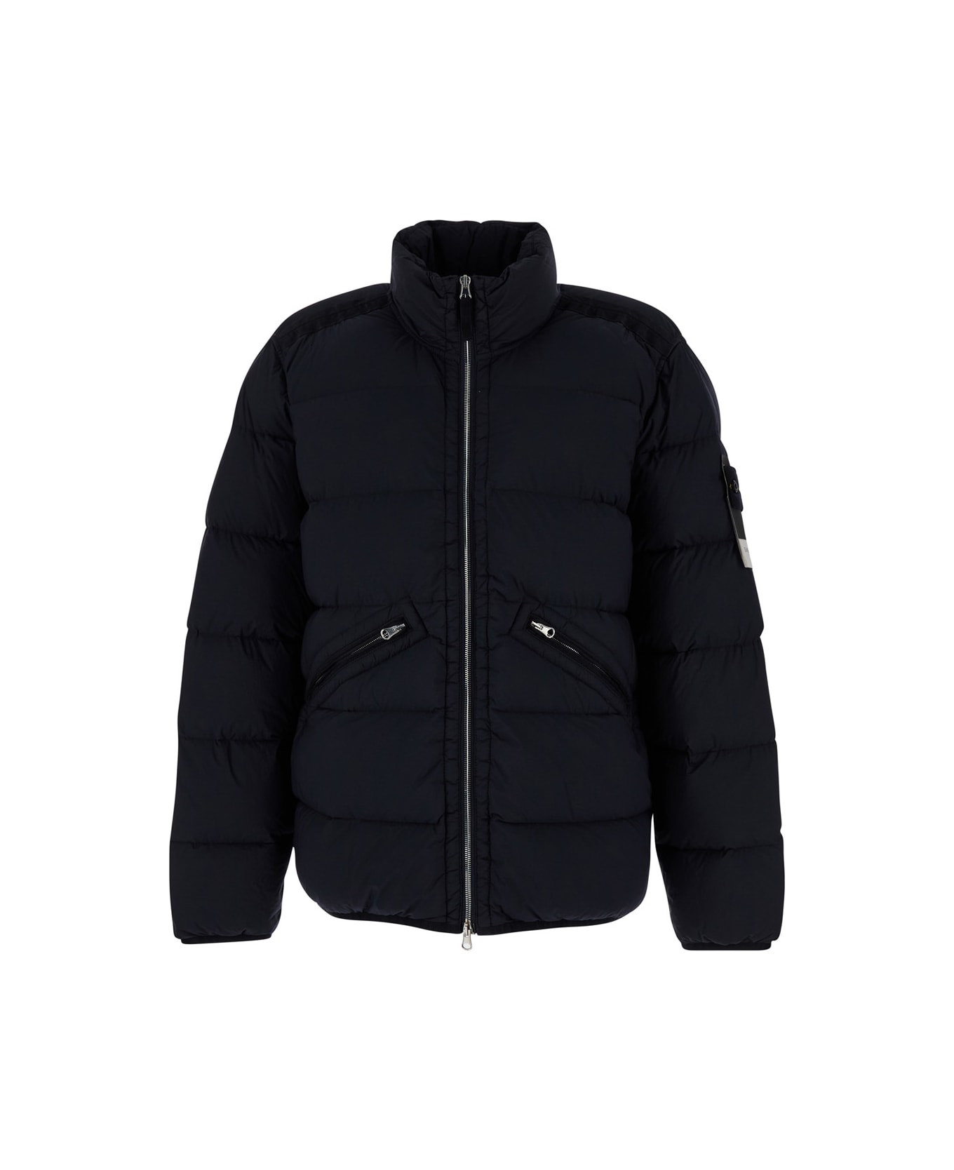 Stone Island Blue High Neck Down Jacket With Zip And Logo Patch In Polyamide Man - BLUE