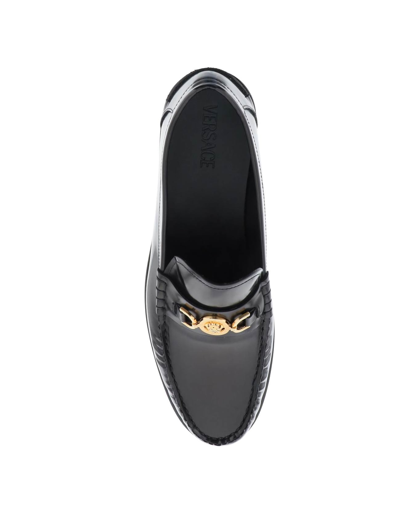 Versace Black Leather Loafers - Black/versace Gold ローファー＆デッキシューズ