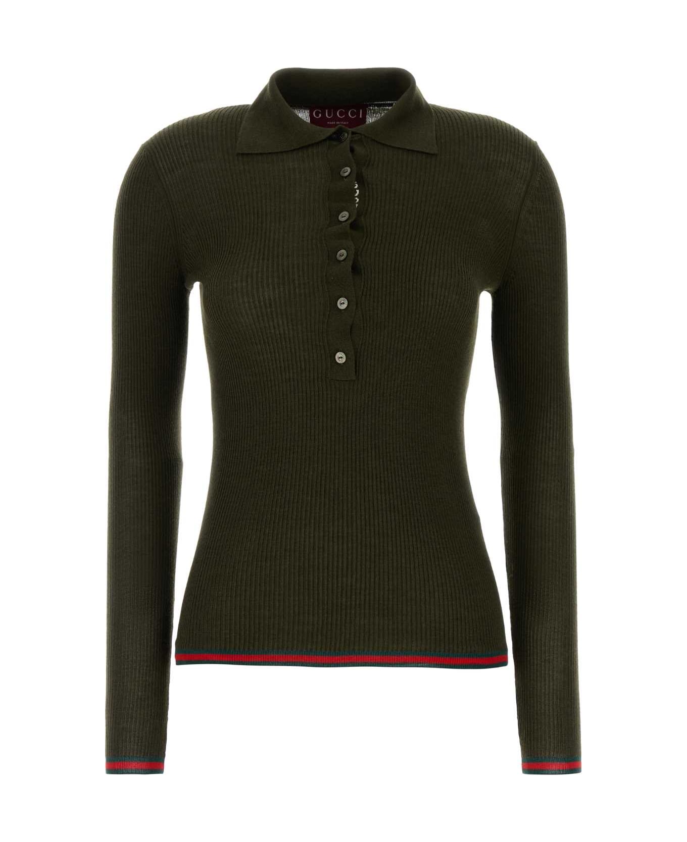 Gucci Olive Green Cashmere Blend Polo Shirt - GREEN