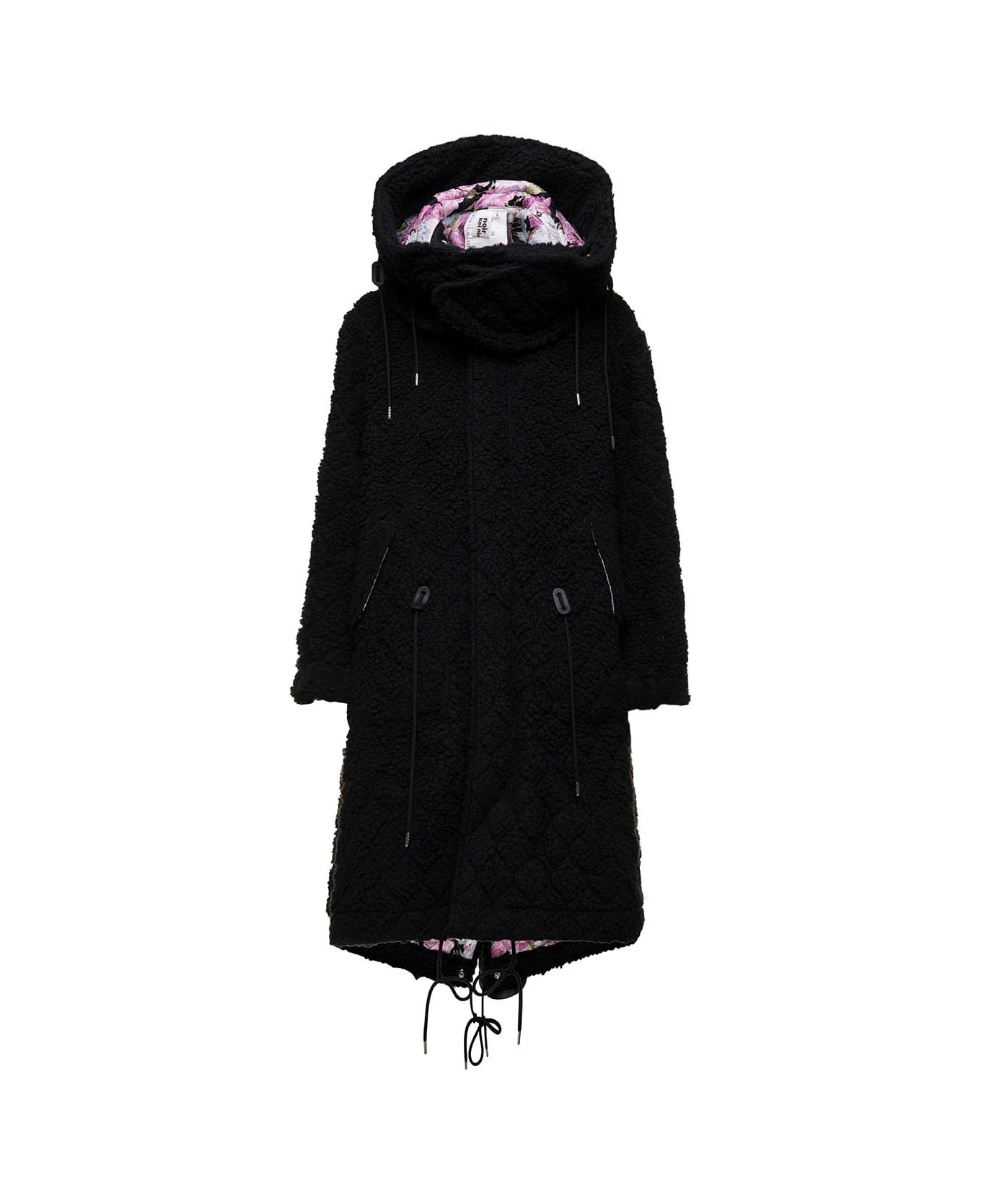 Noir Kei Ninomiya Fleece X Floral Pattern Satin Jacquard Quilting Parka - Black
