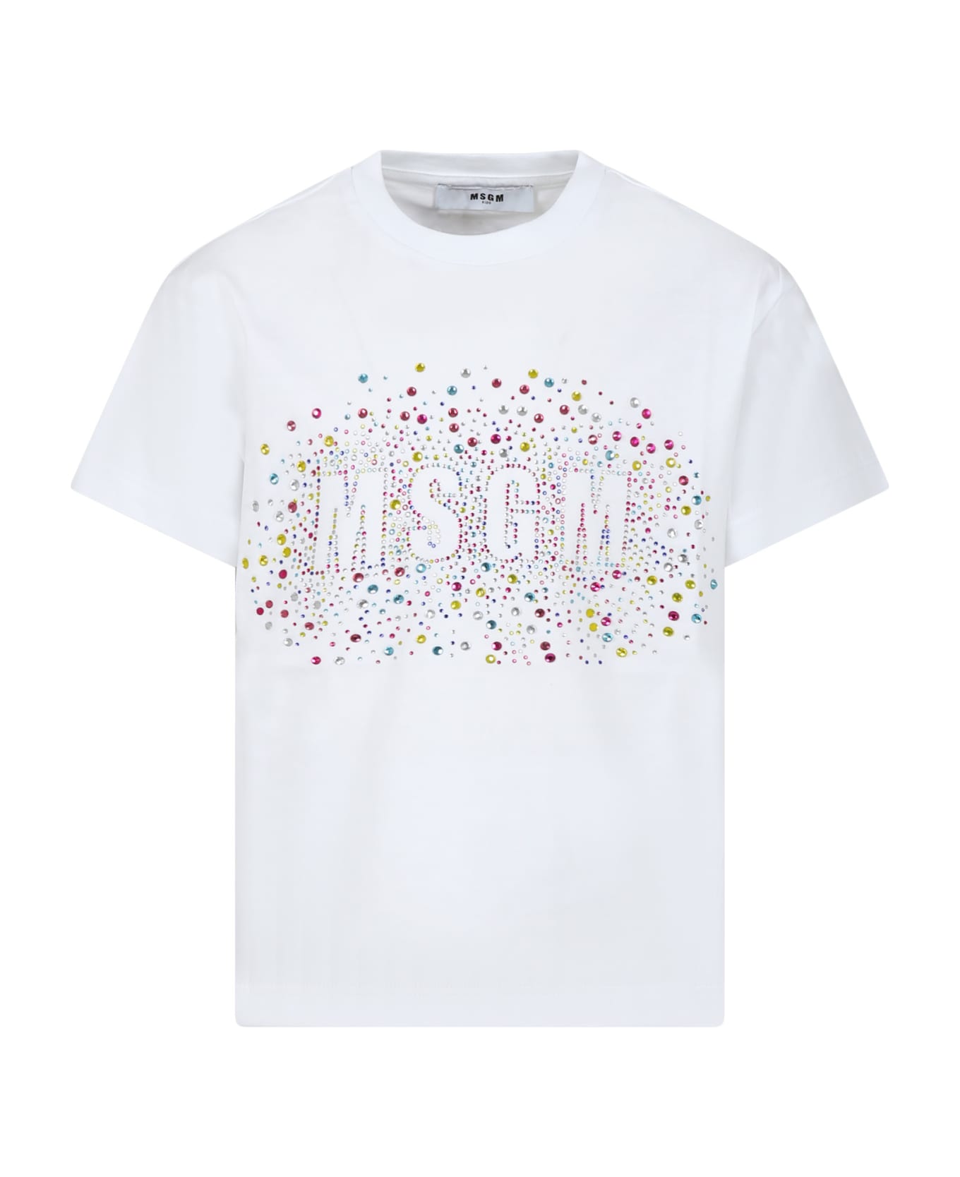 MSGM White T-shirt For Girl With Logo And Rhinestones Tシャツ＆ポロシャツ
