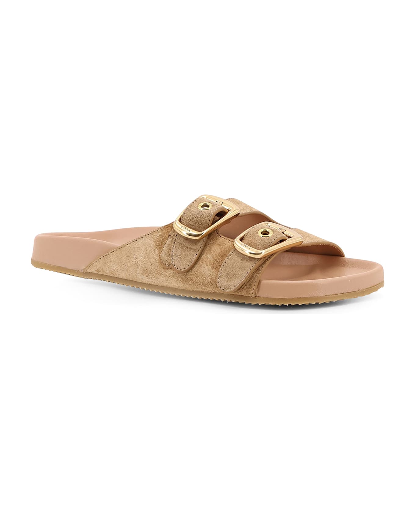 Chloé Polly Suede Sandals With Gold Metal Buckles - Beige
