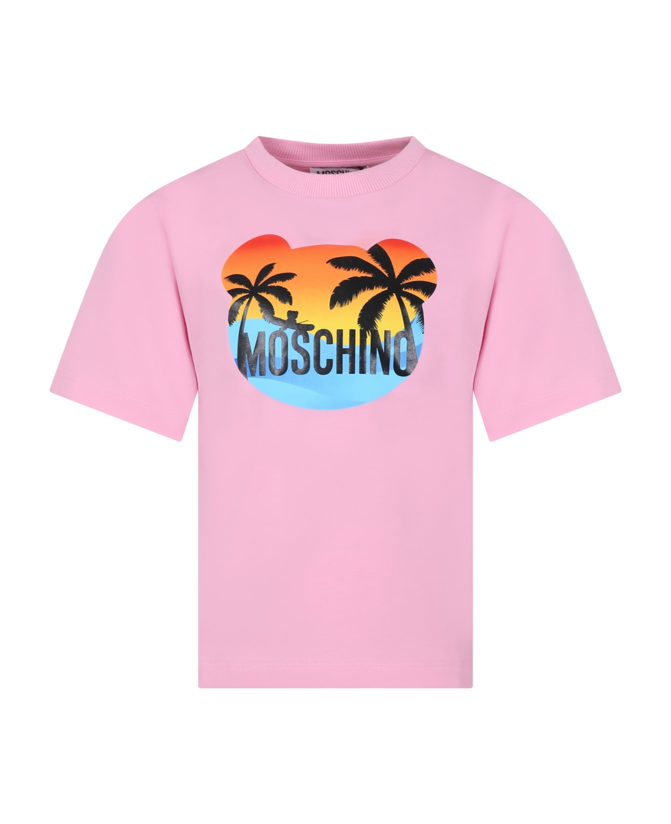 Moschino Pink T-shirt For Kids With Multicolor Print And Logo - Pink