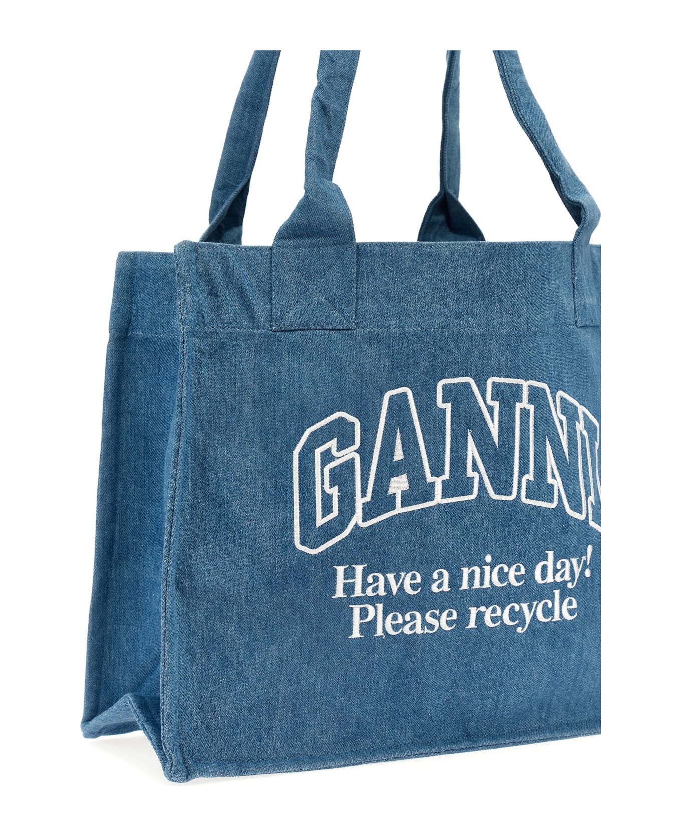 Ganni Logo Embroidery Denim Shopping Bag - Light Blue