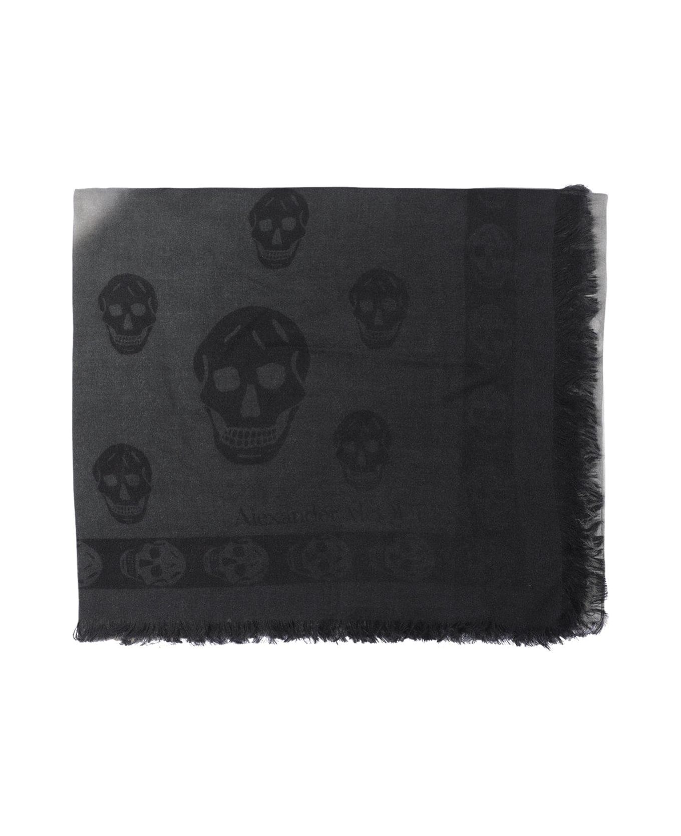Alexander McQueen Skull Printed Frayed Edge Scarf - Black スカーフ＆ストール