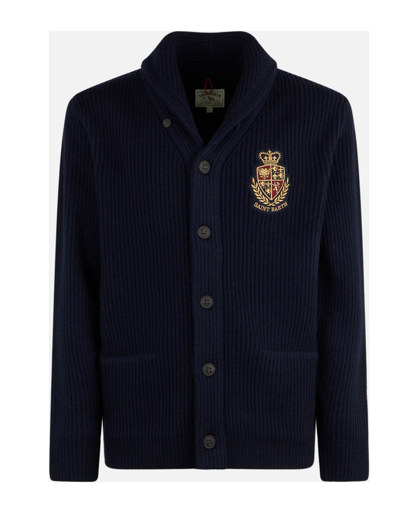 MC2 Saint Barth Man Shawl Collar Blue Ribbed Cardigan With Pockets And Patch - BLUE