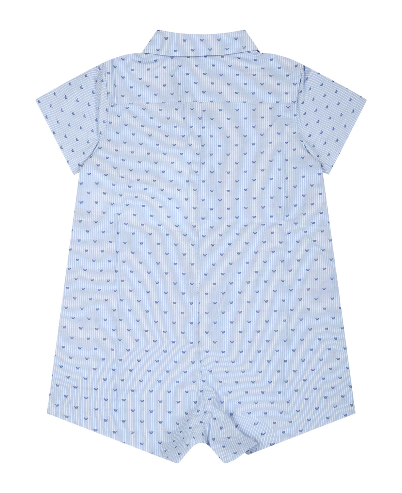 Emporio Armani Light Blue Cotton Romper For Baby Boy With Eagle - Light Blue ボディスーツ＆セットアップ