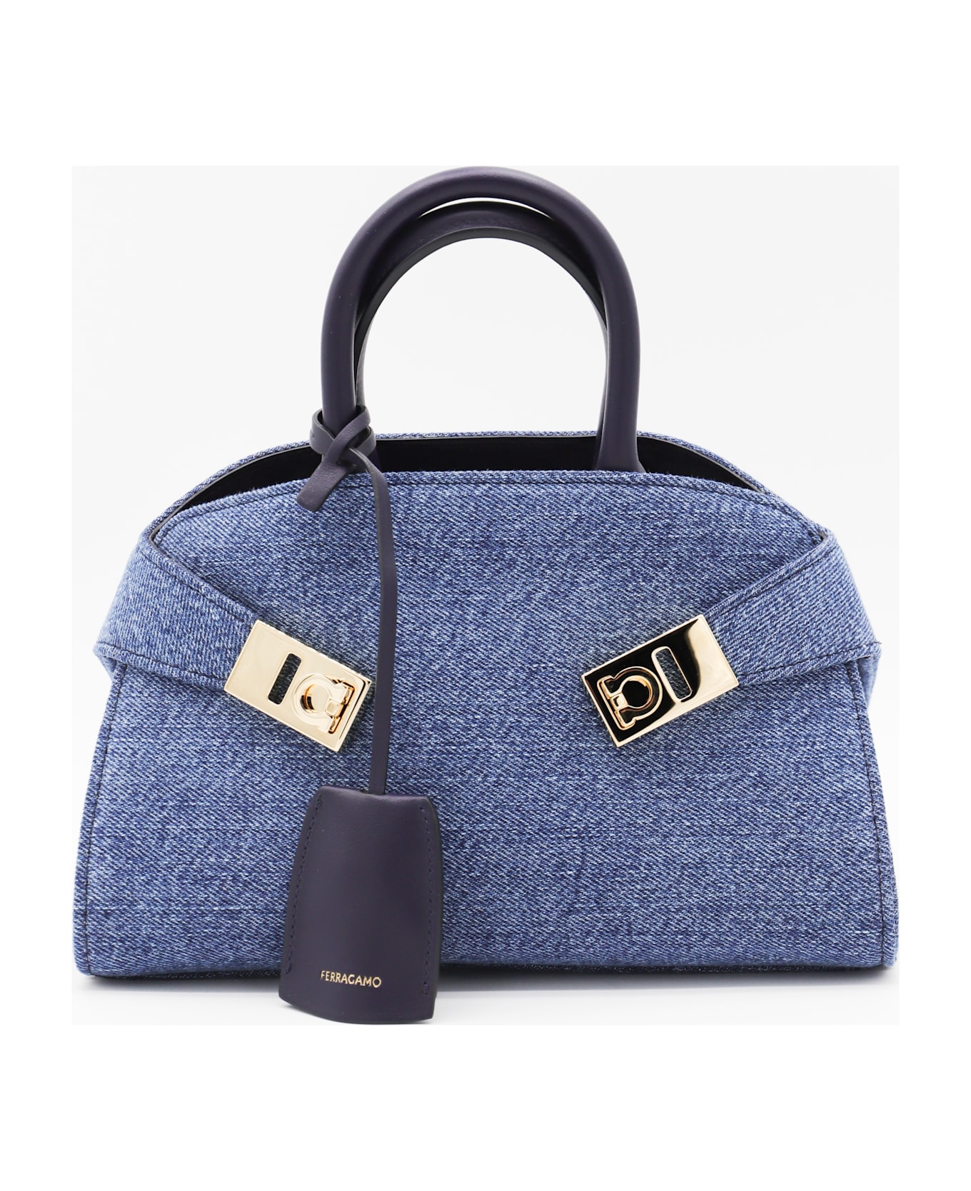 Ferragamo Denim Leather Hug Mini Top Handle Bag - DUL MIDNIGHT