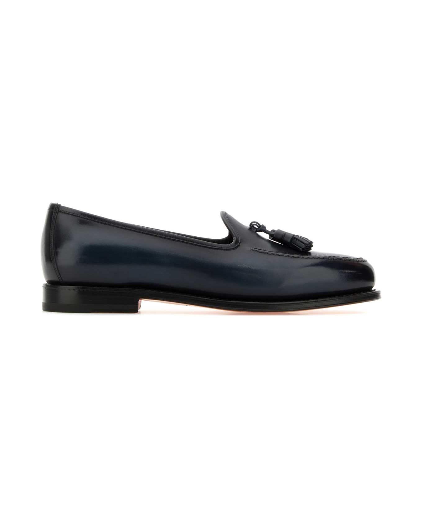 Santoni Dark Blue Leather Andrew Loafers - BLUE