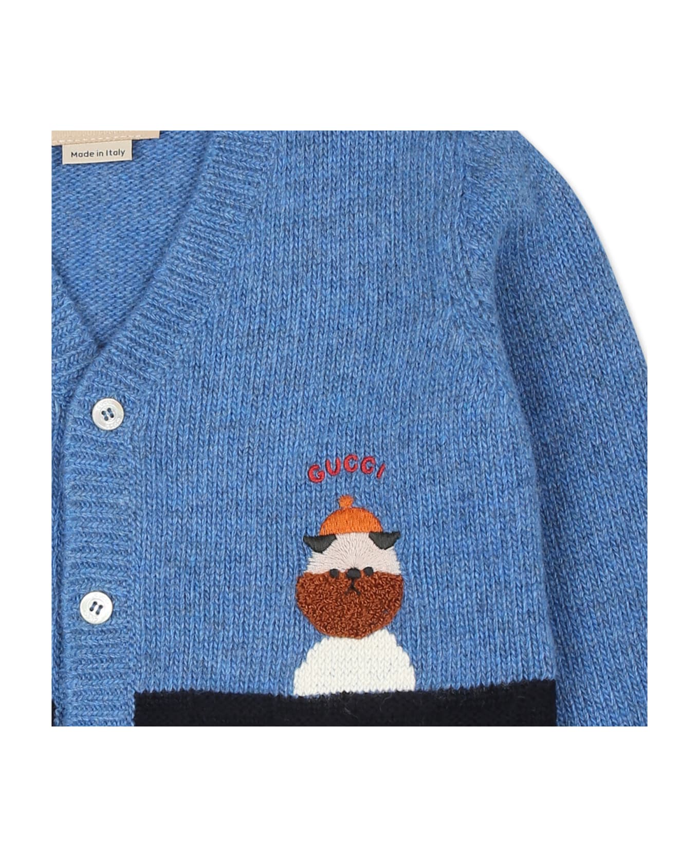 Gucci Light Blue Cardigan For Baby Boy With Dog And Logo - Light Blue