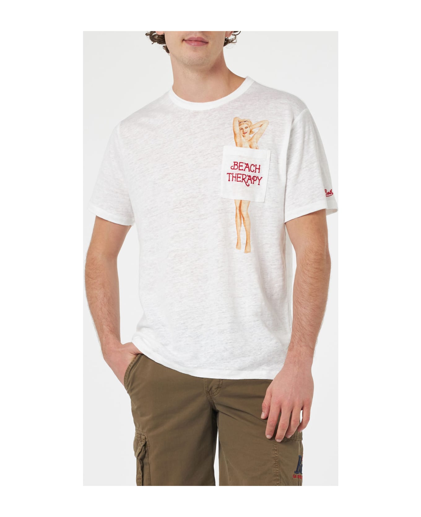 MC2 Saint Barth Man Linen Jersey T-shirt Ecstasea With Printed And Embroidered Pocket - WHITE