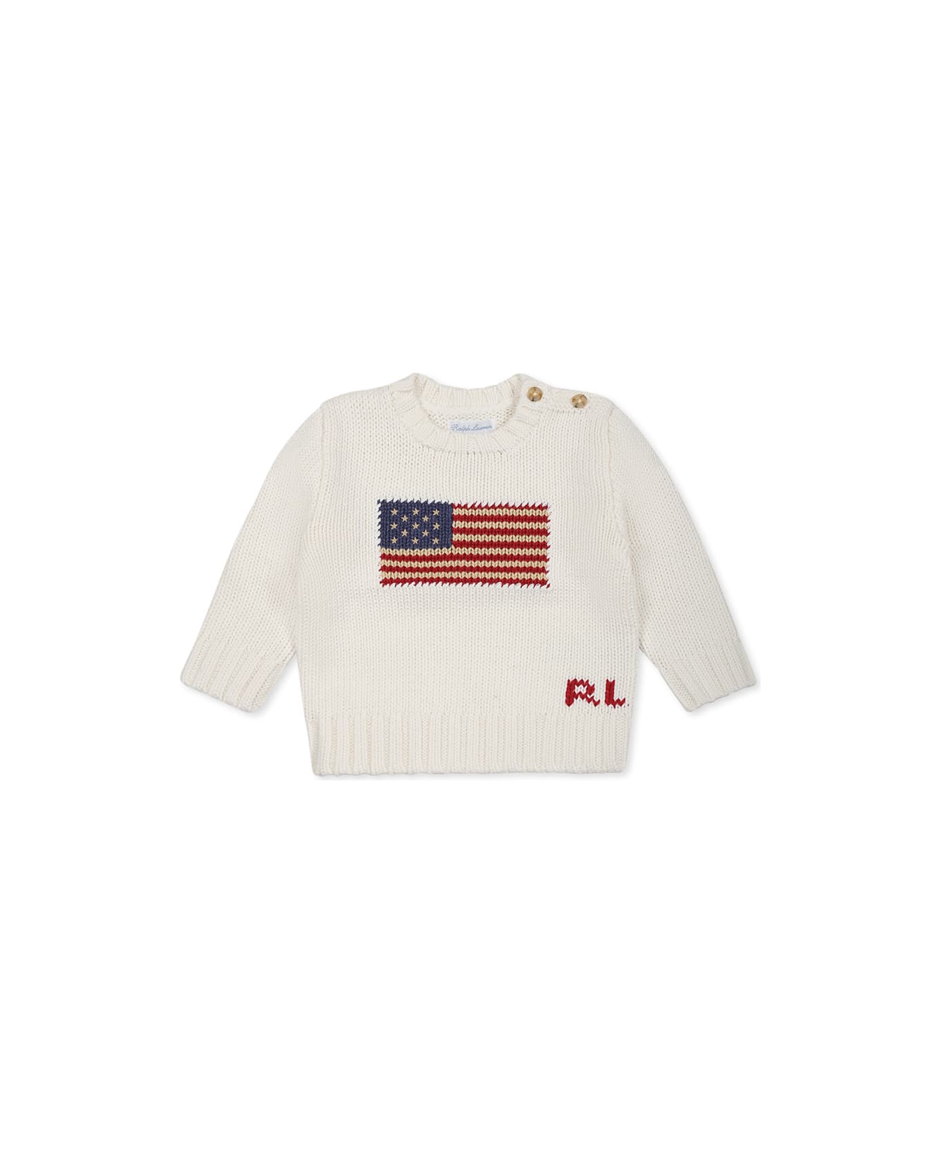 Ralph Lauren Ivory Sweater For Baby Boy With Flag - Ivory