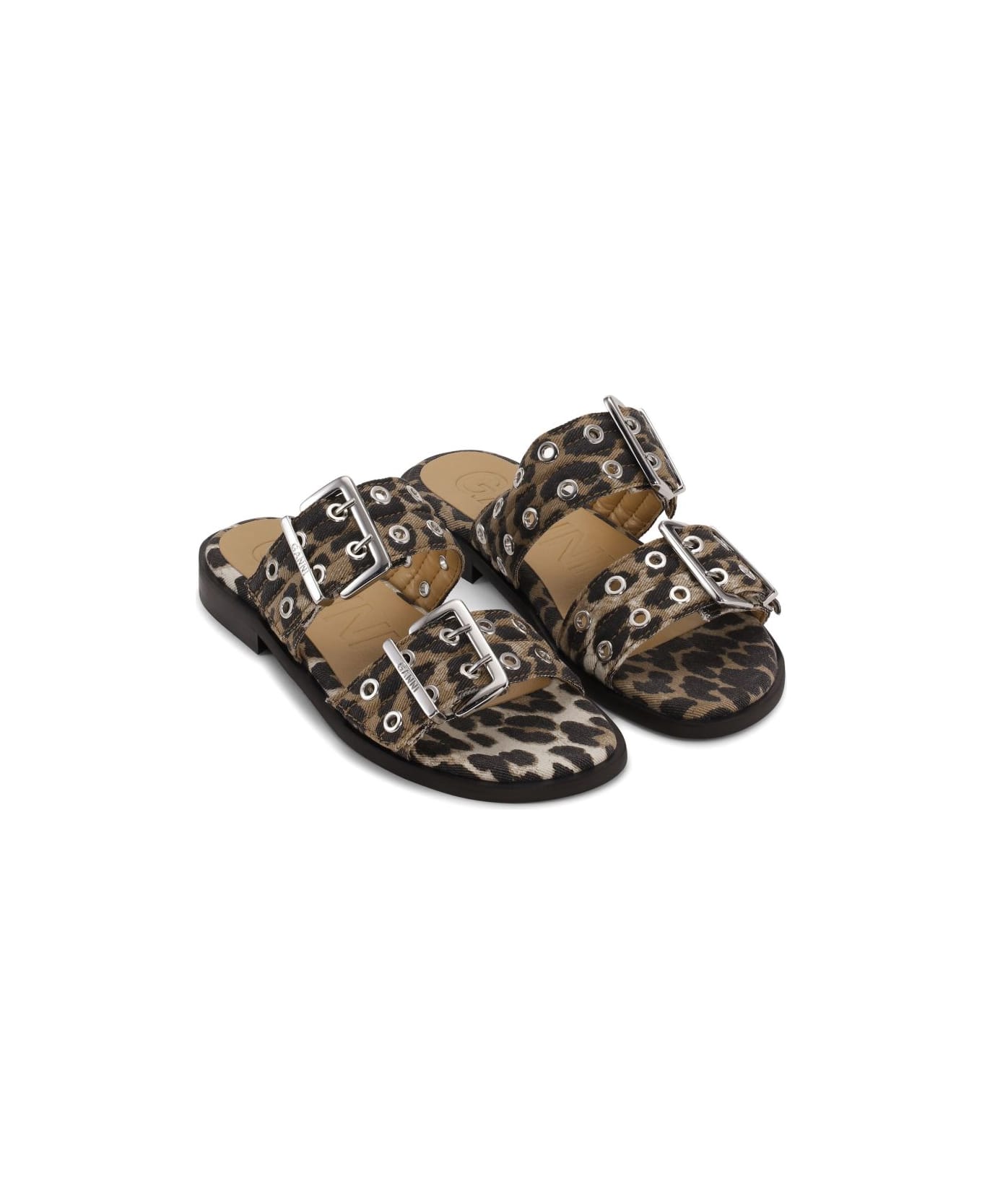Ganni Feminine Buckle Leopard Print Sandals - Brown