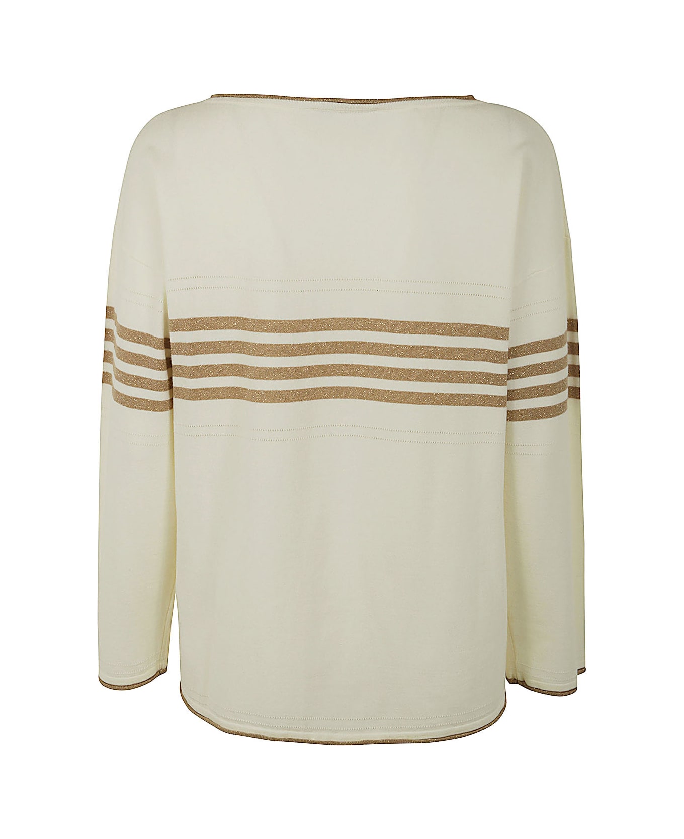 TwinSet Long Sleeves Boat Neck Striped Sweater With Logo - Bic Snow Gold Beige ニットウェア