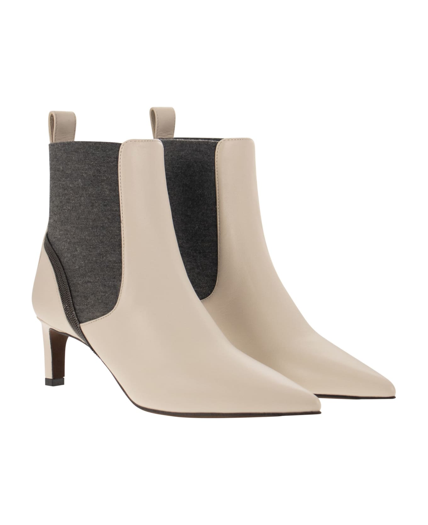 Brunello Cucinelli Leather Heeled Ankle Boots With Shiny Contour - Ivory/grey ブーツ