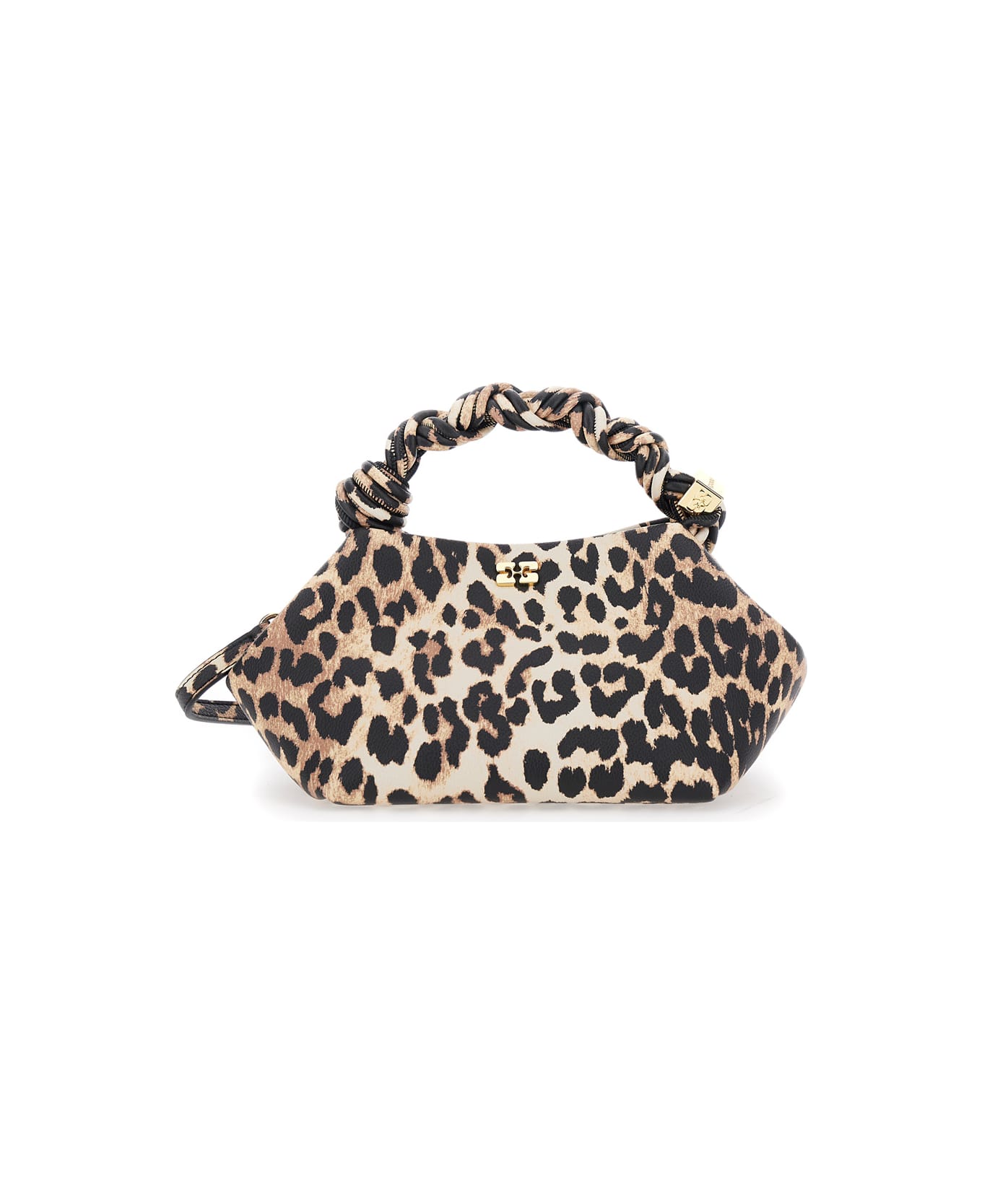 Ganni 'bou' Brown Small Handbag With Braided Handle And All-over Leopard Motif In Fabric Woman - Brown