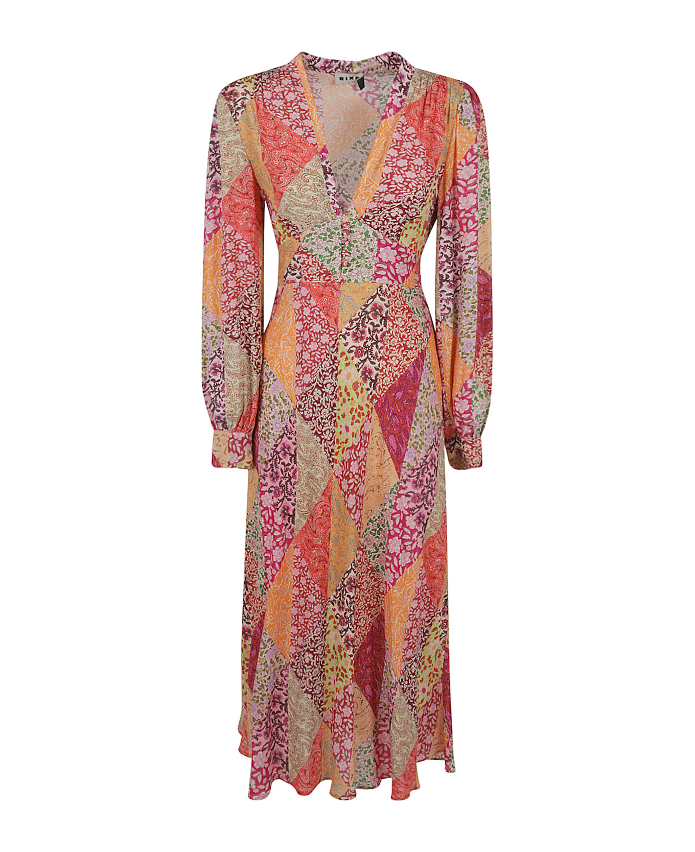 RIXO Pattern Printed V-neck Long Dress - Patchwork 