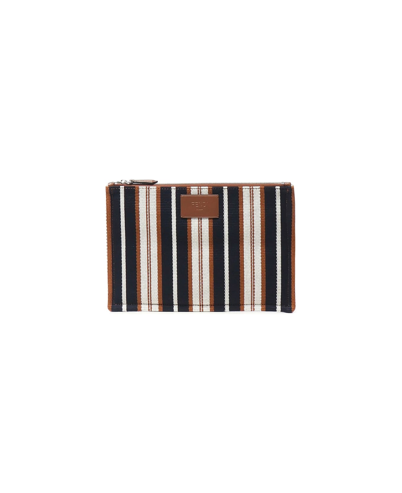 Fendi Signature Striped Medium Flat Clutch - BLUE/WALNUT