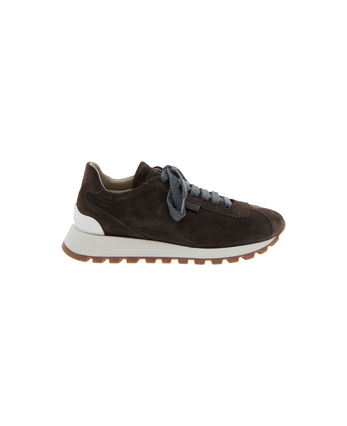Brunello Cucinelli Brown Low Top Sneakers With Monil Detail On The Side And Embossed Logo Lettering On The Rear In Leather Woman - Brown