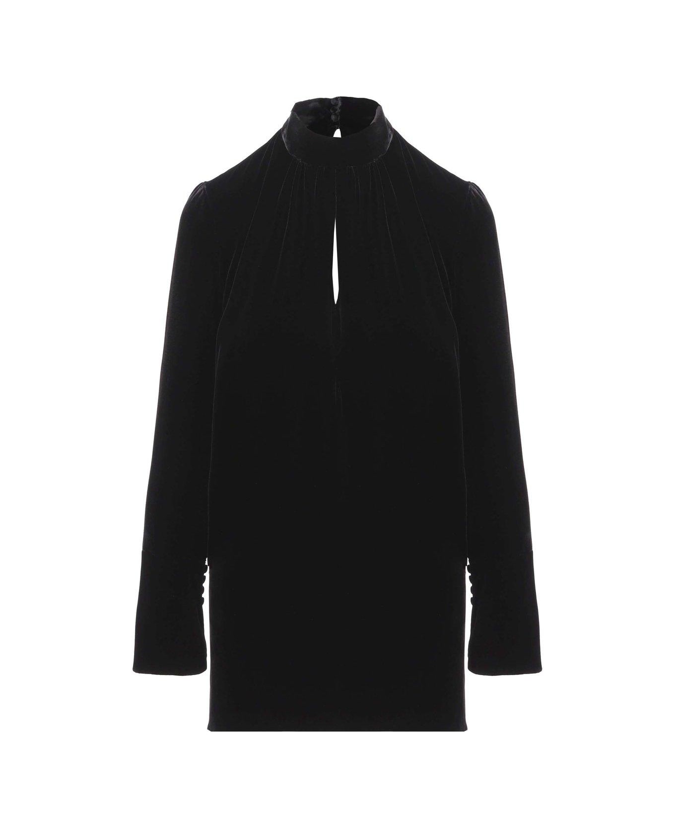 Saint Laurent Cut-out Detailed Long-sleeved Dress - Black