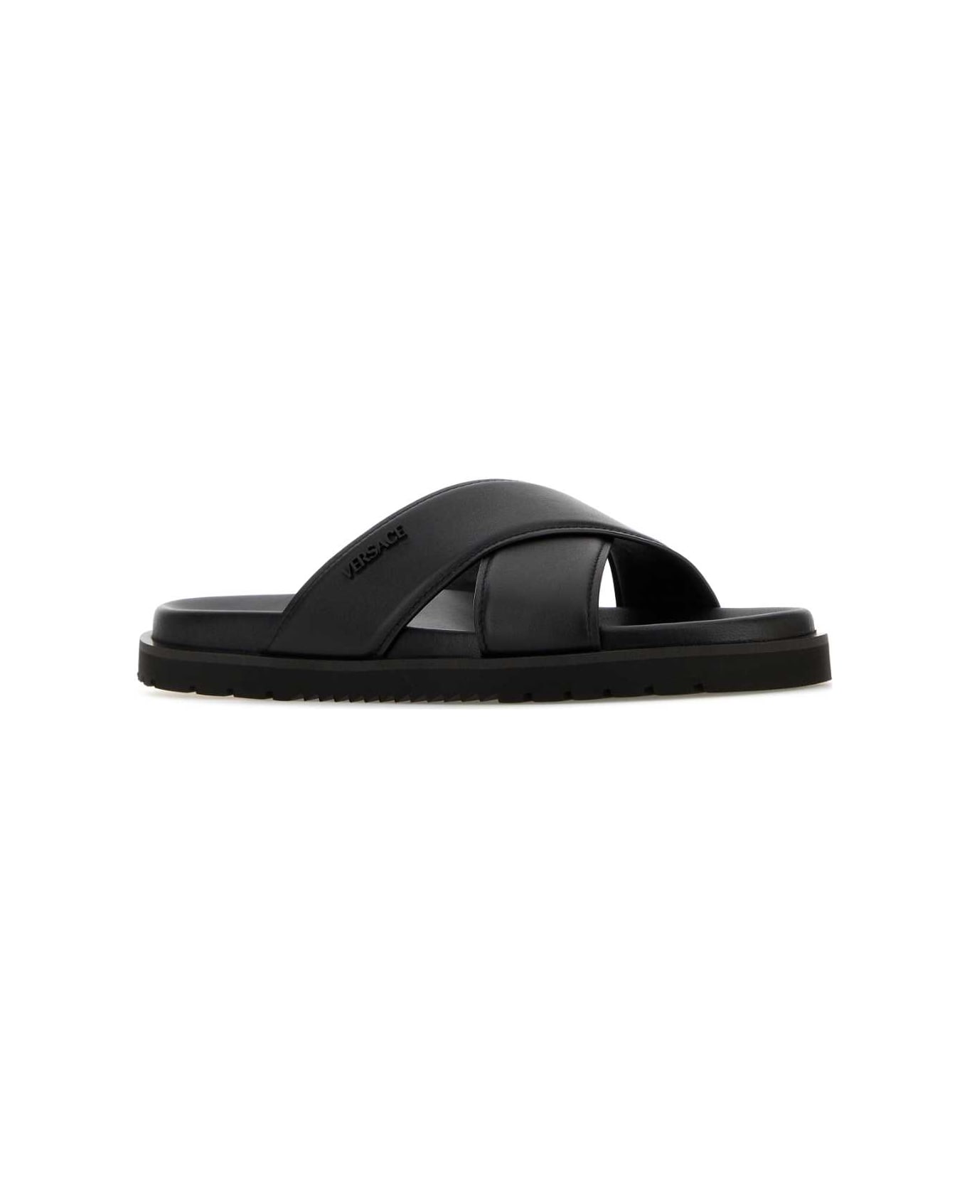 Versace Black Leather Slippers - BLACK