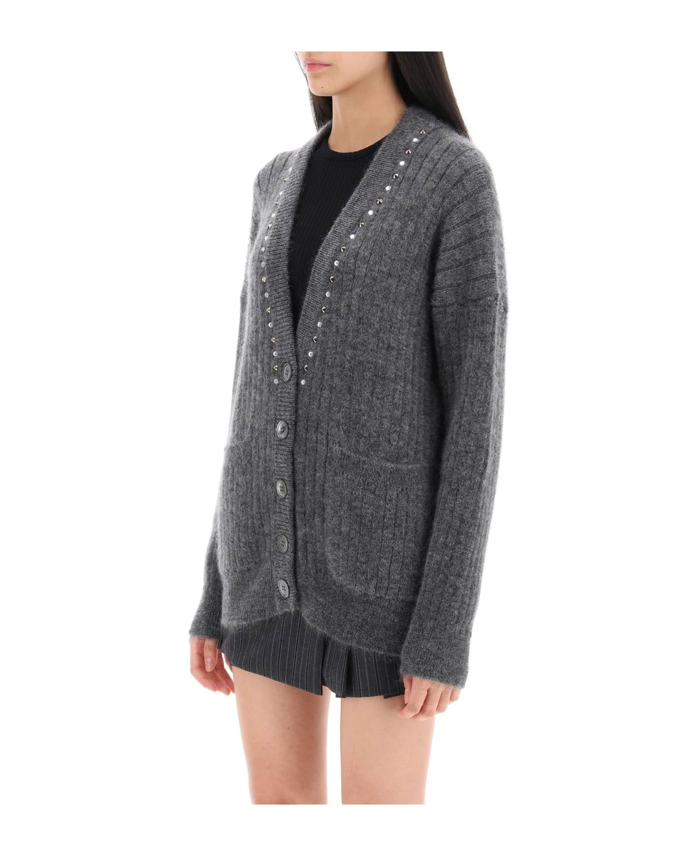 Alessandra Rich Cardigan With Studs And Crystals - GREY MELANGE (Grey)