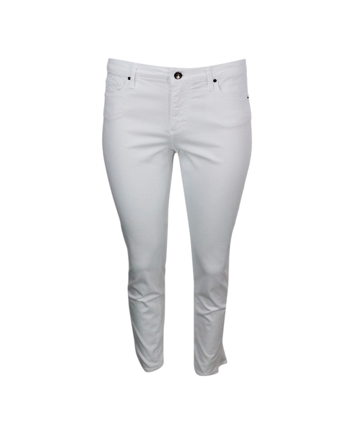 Armani Collezioni 5-pocket Trousers In Soft Stretch Cotton Super Skinny Capri. Zip And Button Closure. - White