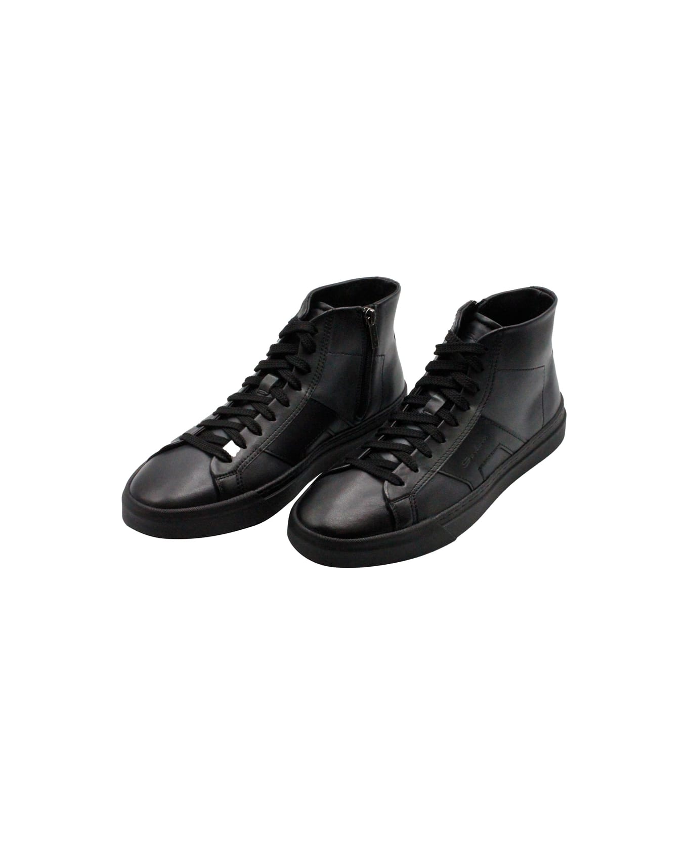 Santoni High-top Sneaker In Soft Calfskin With Side Zip And Laces With Side Logo Lettering - Black スニーカー