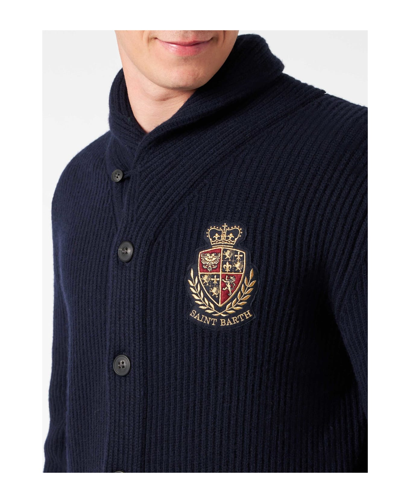 MC2 Saint Barth Man Shawl Collar Blue Ribbed Cardigan With Pockets And Patch - BLUE