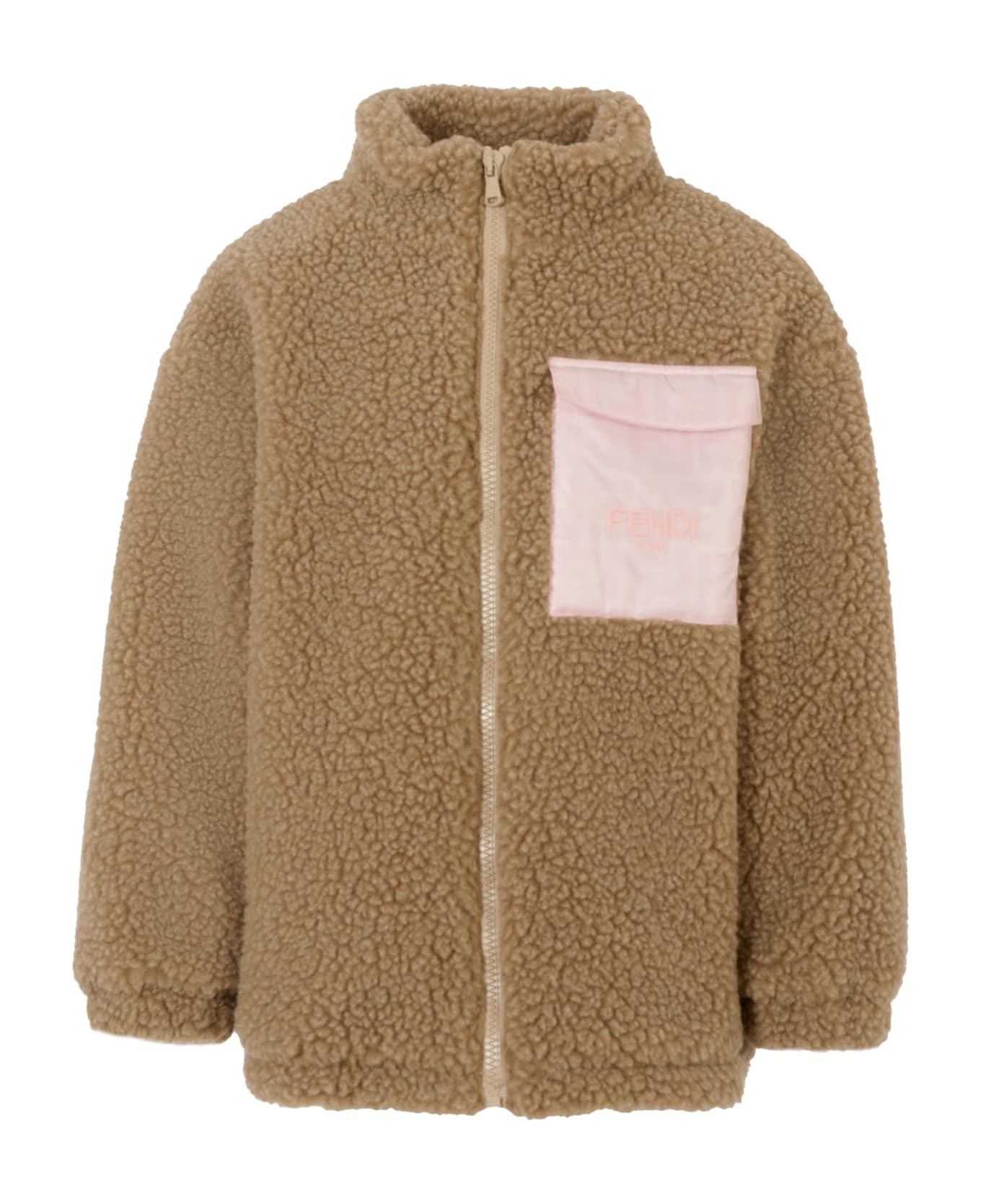 Fendi Brown Faux Fur Coat For Girl With Logo - Brown