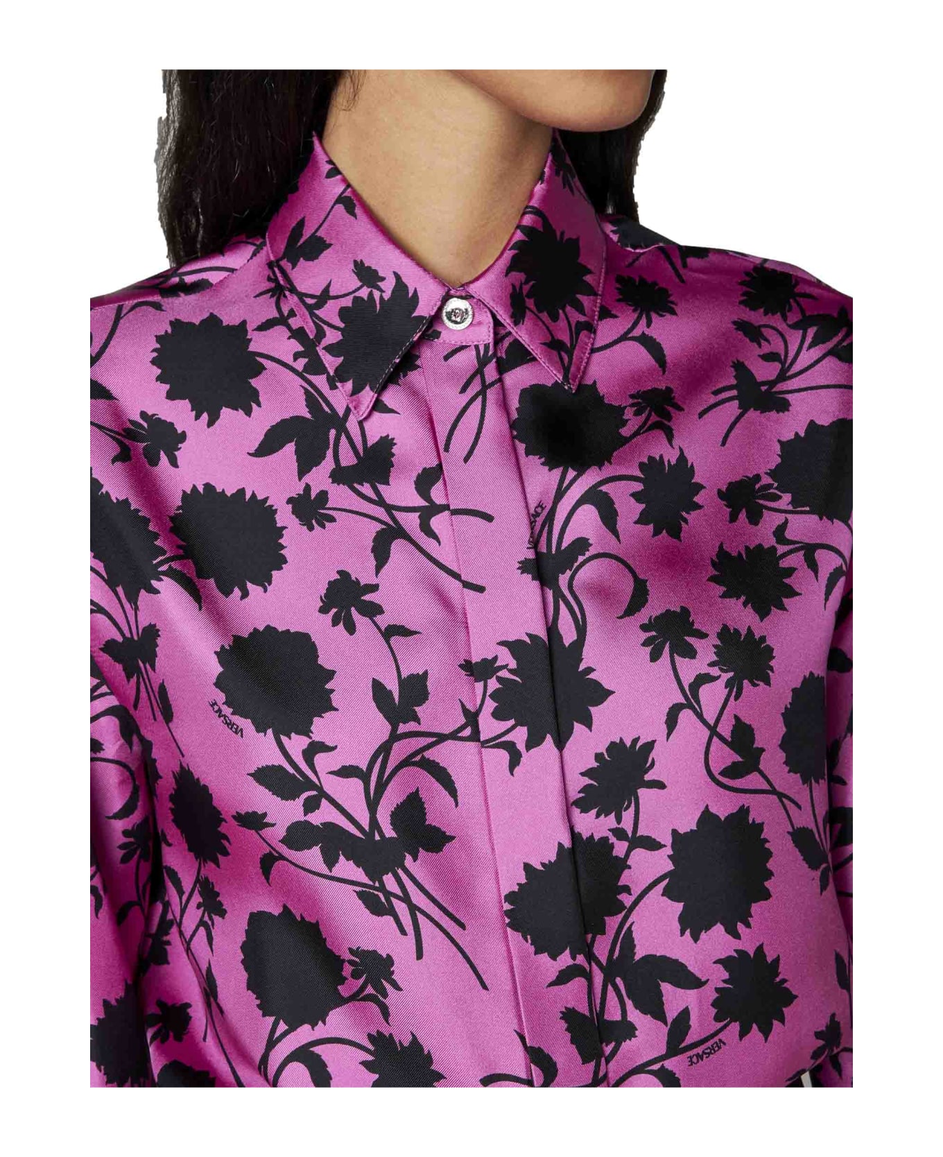 Versace Informal Shirt Floral Silhouette Print Twill Silk Fabric 50% - Waterlily Black シャツ