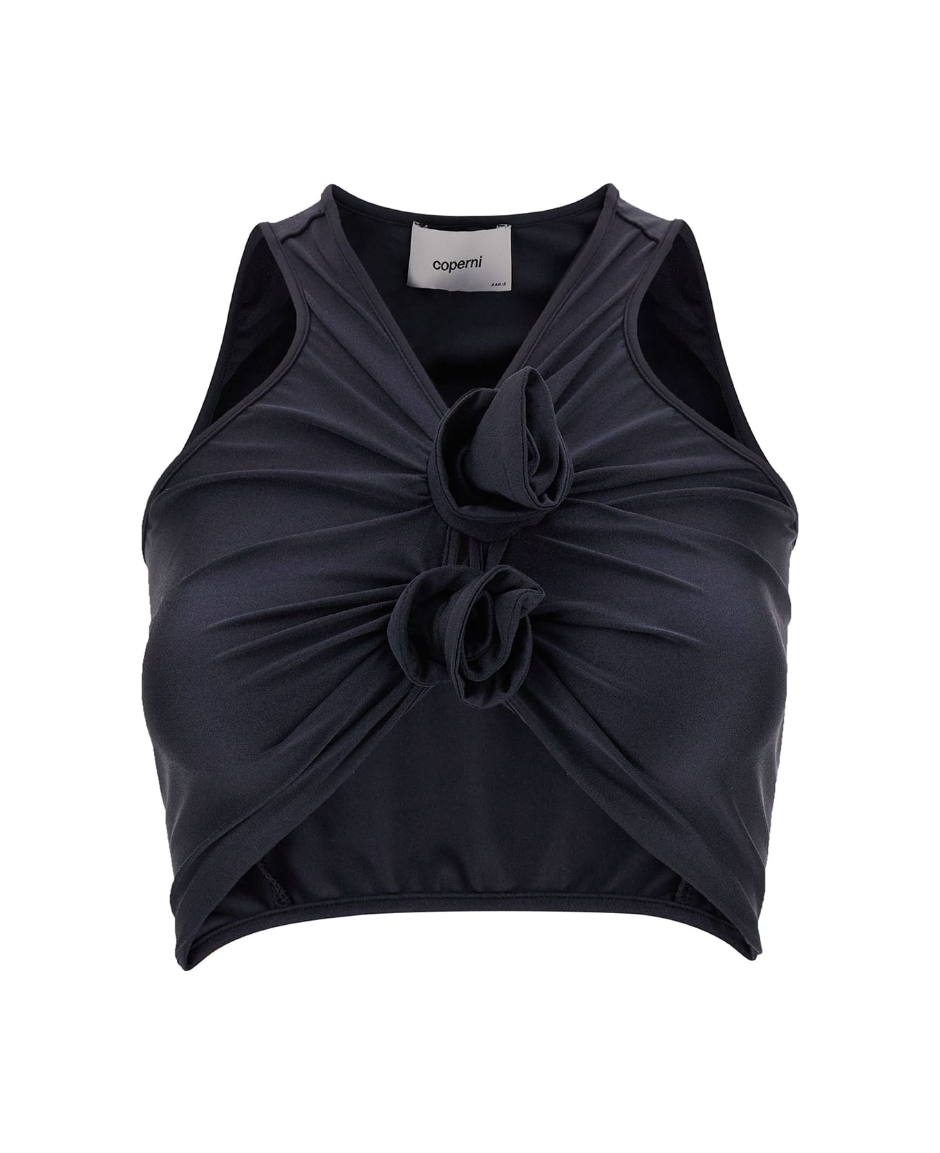 Coperni Black Crop Top With Roses Details In Stretch Satin Woman - Black