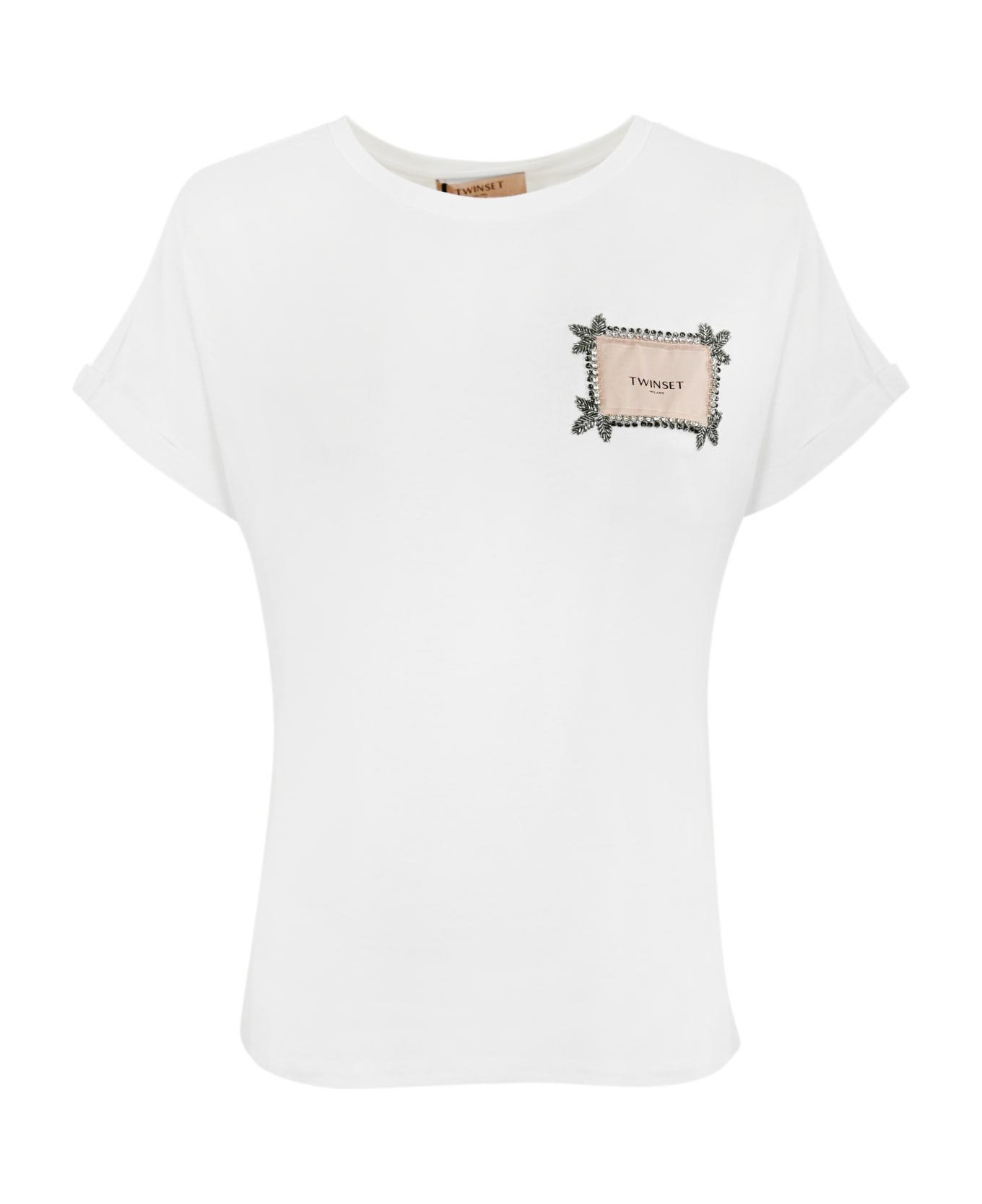 TwinSet T-shirt With Label And Rhinestones - Bianco Ottico