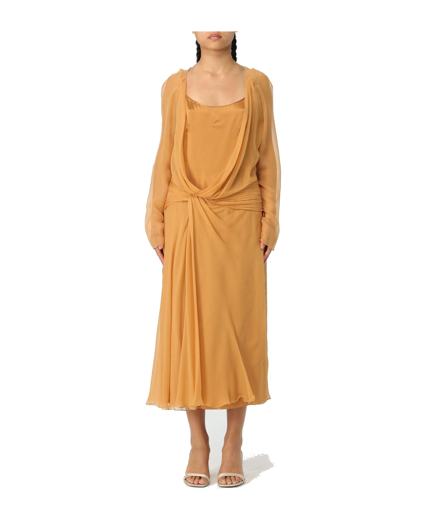 Alberta Ferretti Draped Long-sleeved Midi Dress Alberta Ferretti - BROWN