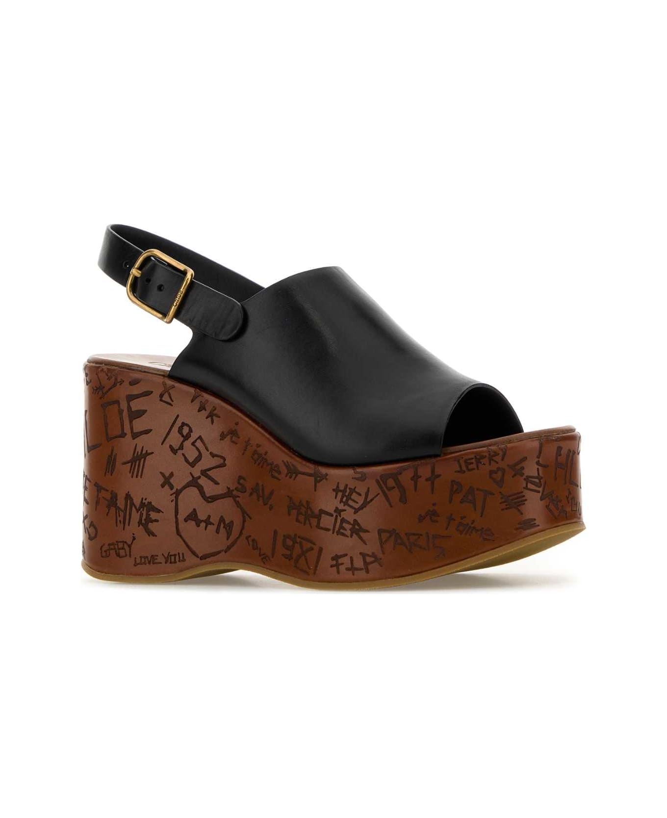 Chloé Black Leather Maxime Wedges - BLACK