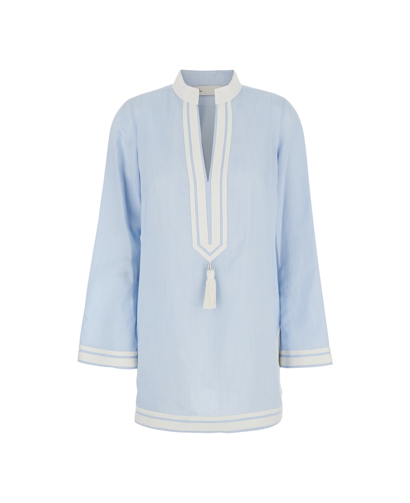 Tory Burch Light Blue Kaftan With V-neck And Pendant On The Front - Blu