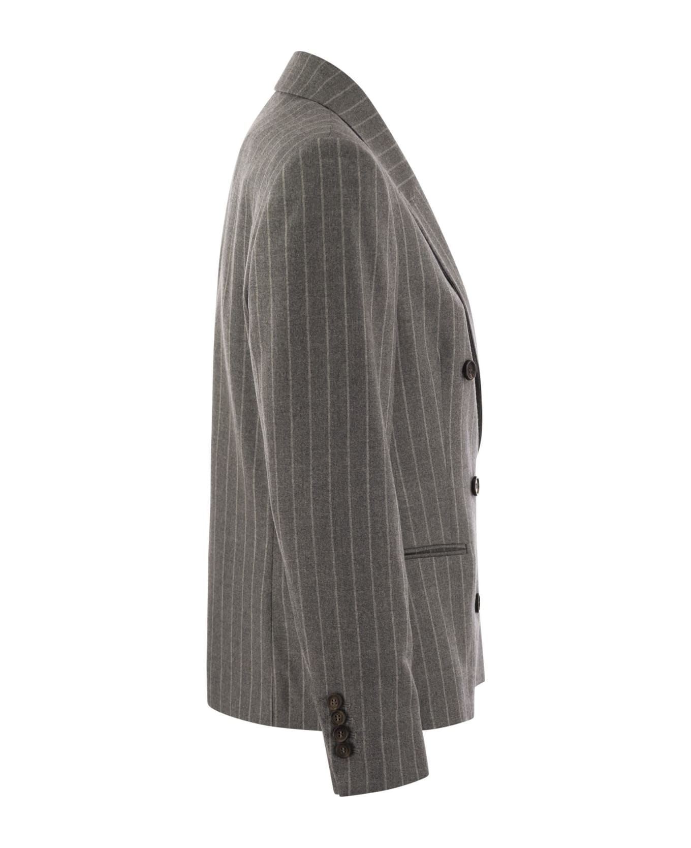 Brunello Cucinelli Virgin Wool Mouliné Pinstripe Jacket With Beadwork - Grey