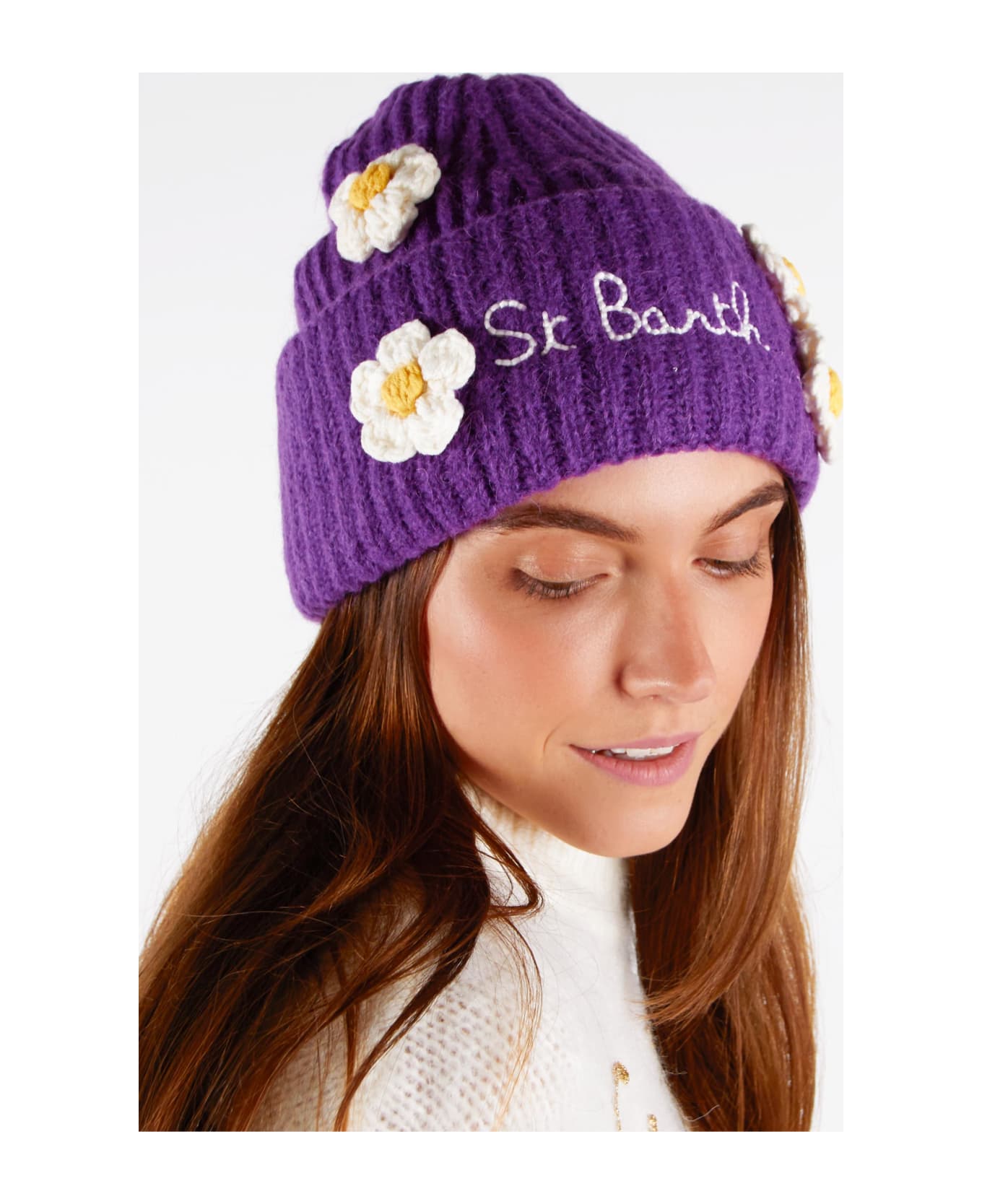 MC2 Saint Barth Woman Brushed And Ultra Soft Beanie With Daisies Appliqués - PURPLE