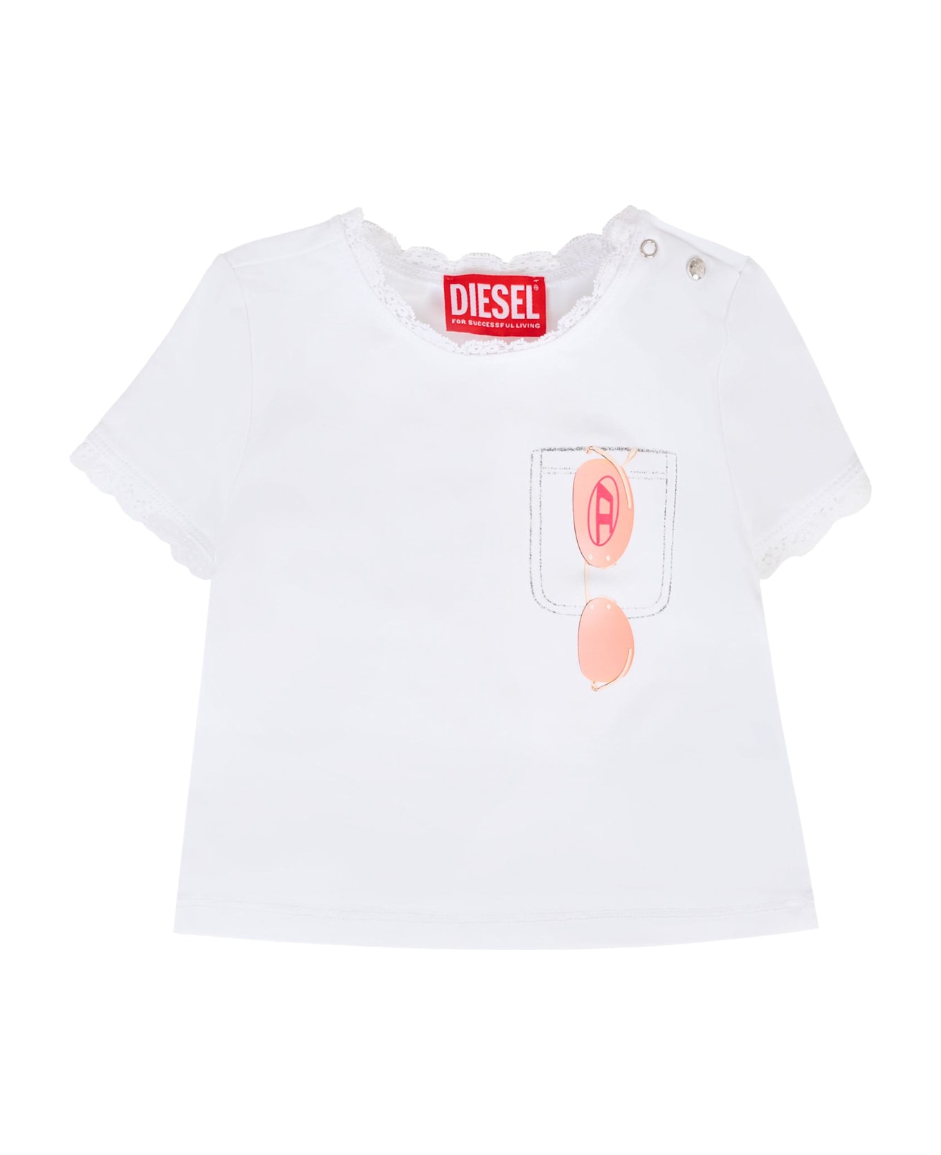 Diesel White T-shirt For Baby Girl With Sunglasses - White