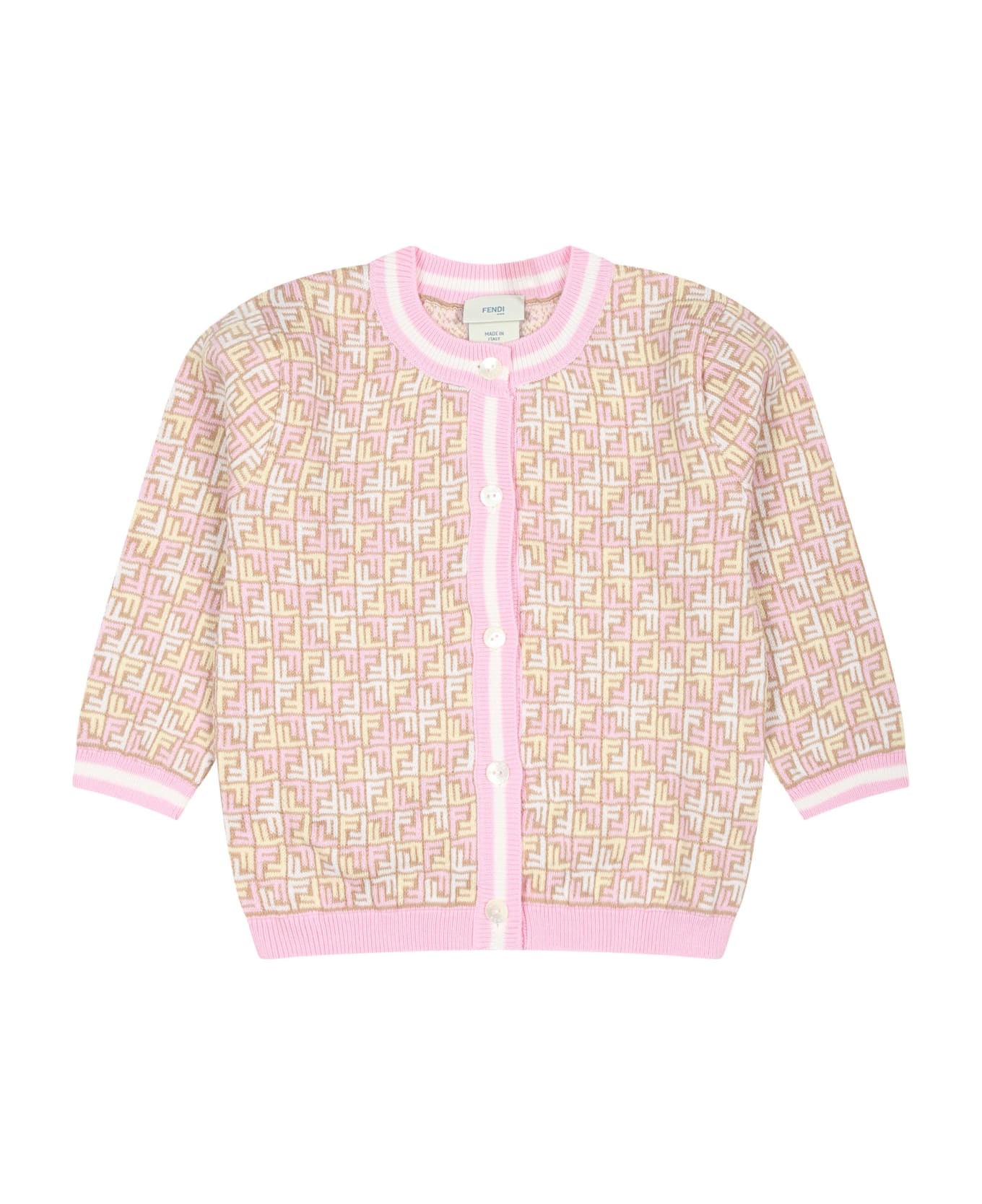 Fendi Beige Cardigan For Baby Girl With Iconic Ff - Beige
