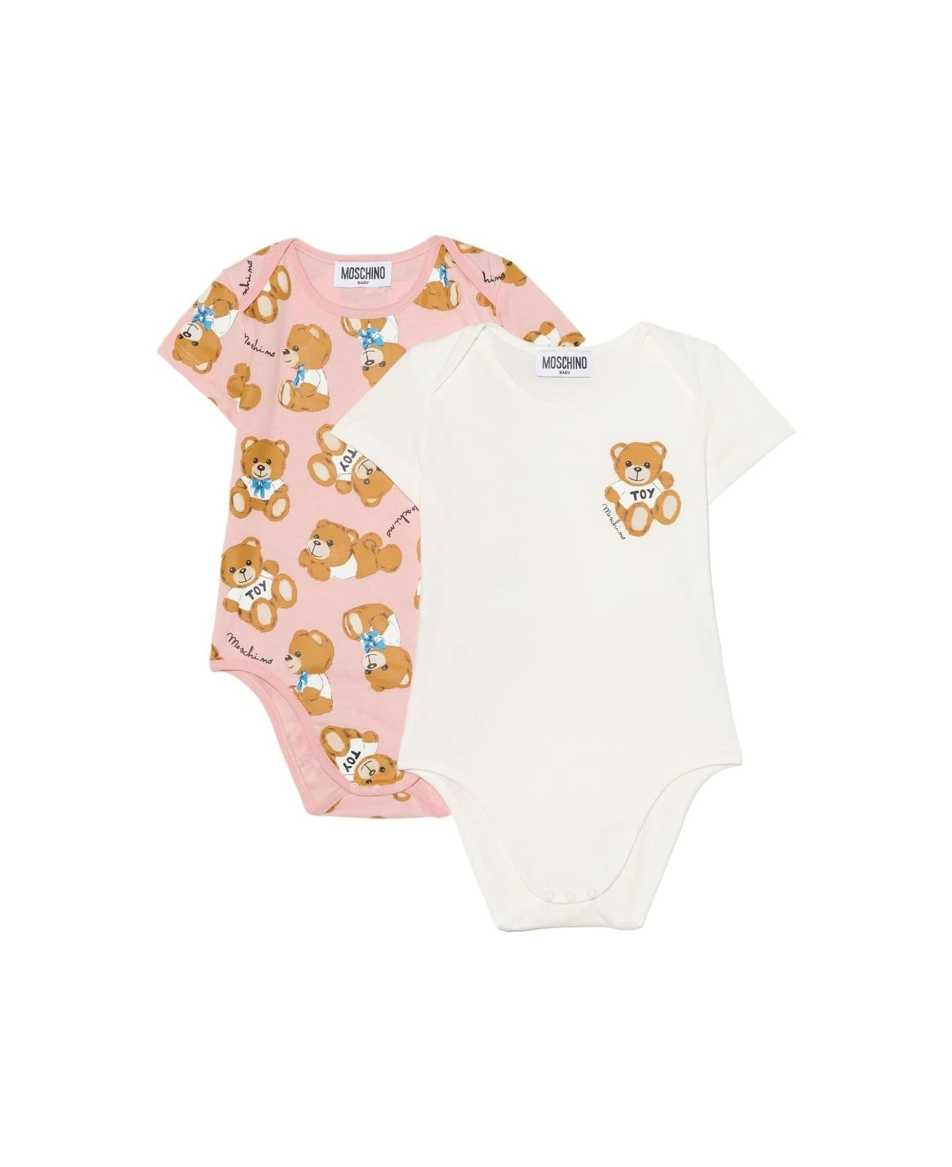 Moschino Set 2 Baby Bodysuits In White And Pink Cotton With Moschino Teddy Bear Print - Cloud