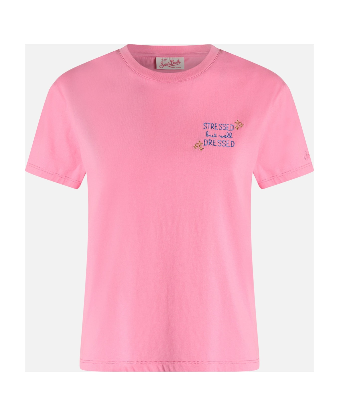 MC2 Saint Barth Woman Cotton Jersey Crewneck T-shirt Emilie With Stressed But Well Dressed Embroidery - PINK