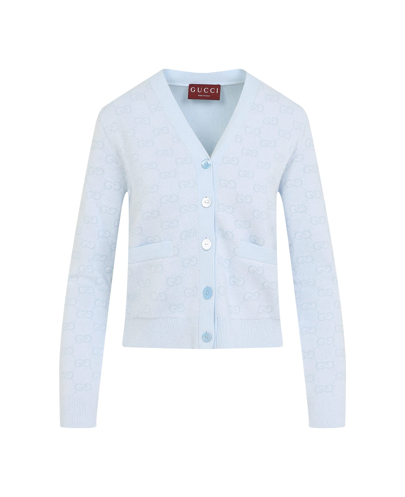 Gucci Fine Knit Gg Jacquard Cardigan - Light Blue White