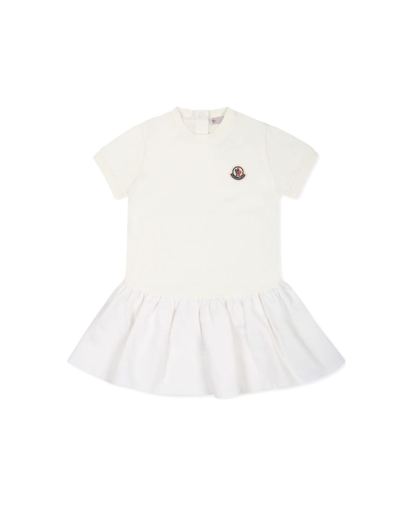 Moncler White Dress With Logo Patch On The Front And Flared Skirt In Cotton Baby - White