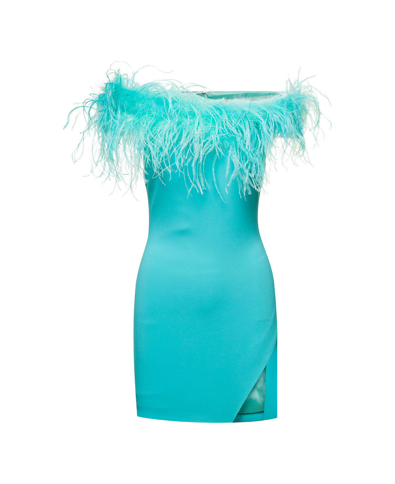 Giuseppe di Morabito Mini Light Blue Dress With Feather Trim And Split In Stretch Viscose Woman - Light blue