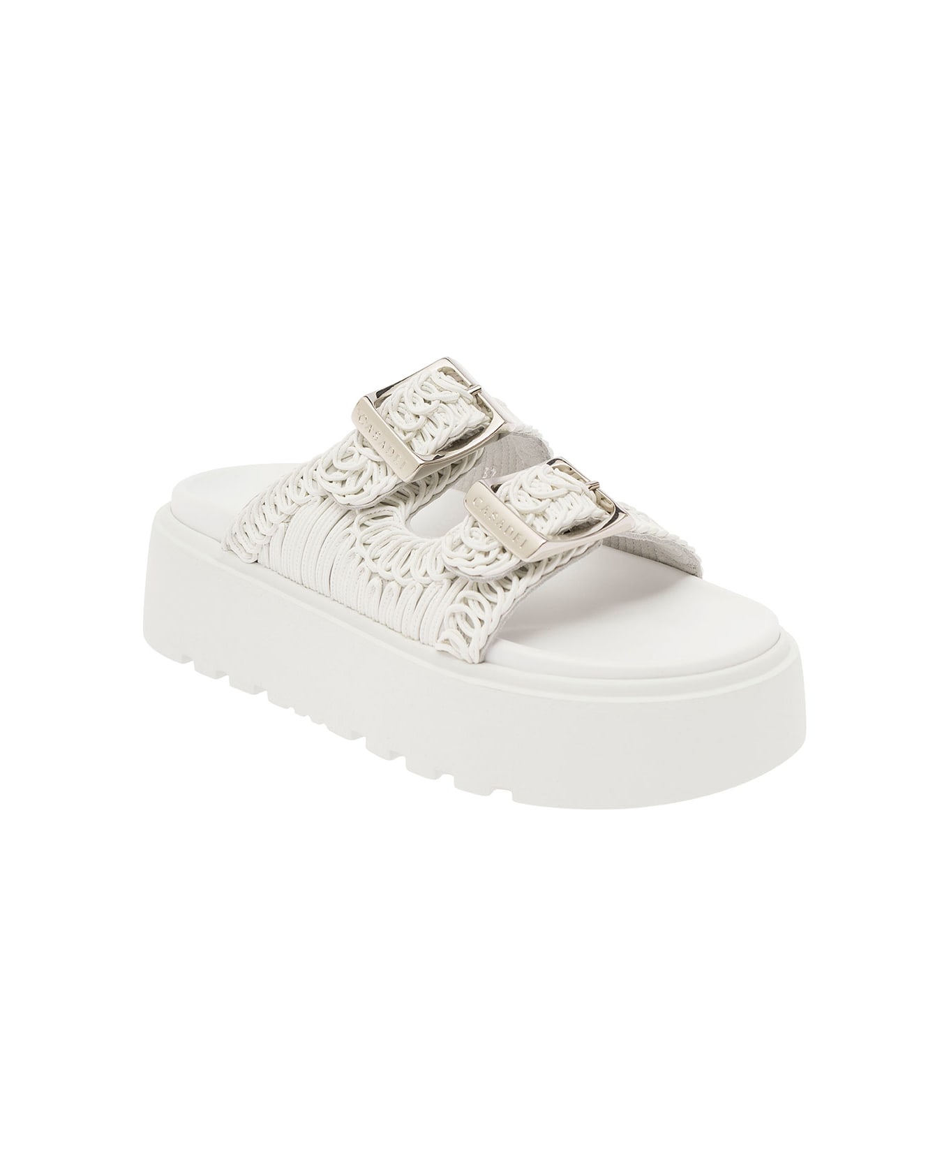 Casadei 'birky Ale' White Slippers With Cornely Embroidery And Xl Buckles In Fabric Woman - White サンダル