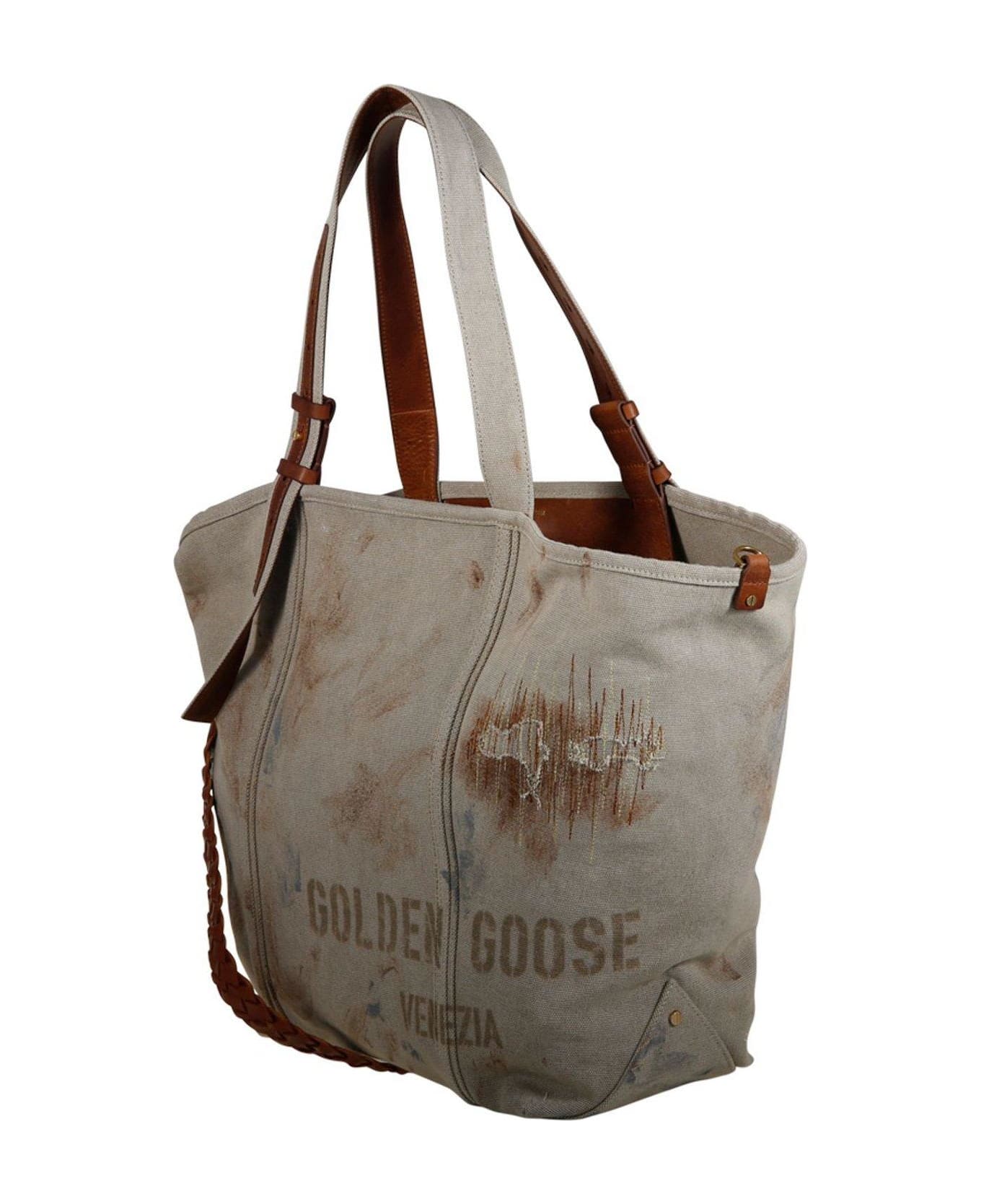 Golden Goose Logo Printed Distressed Tote Bag - Tortora