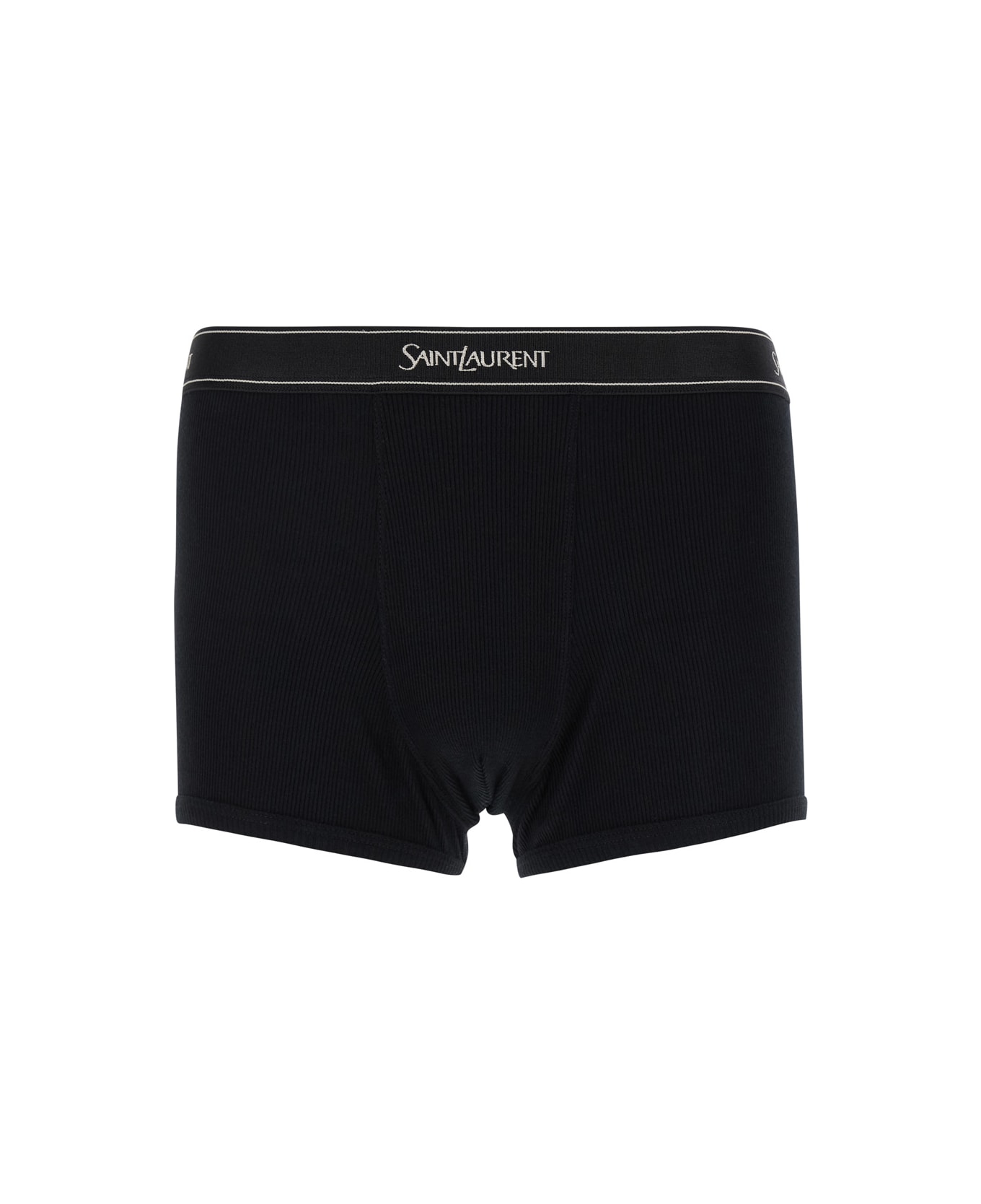 Saint Laurent Black Boxer Briefs With Logo Lettering Embroidery In Ribbed Cotton Man - Black