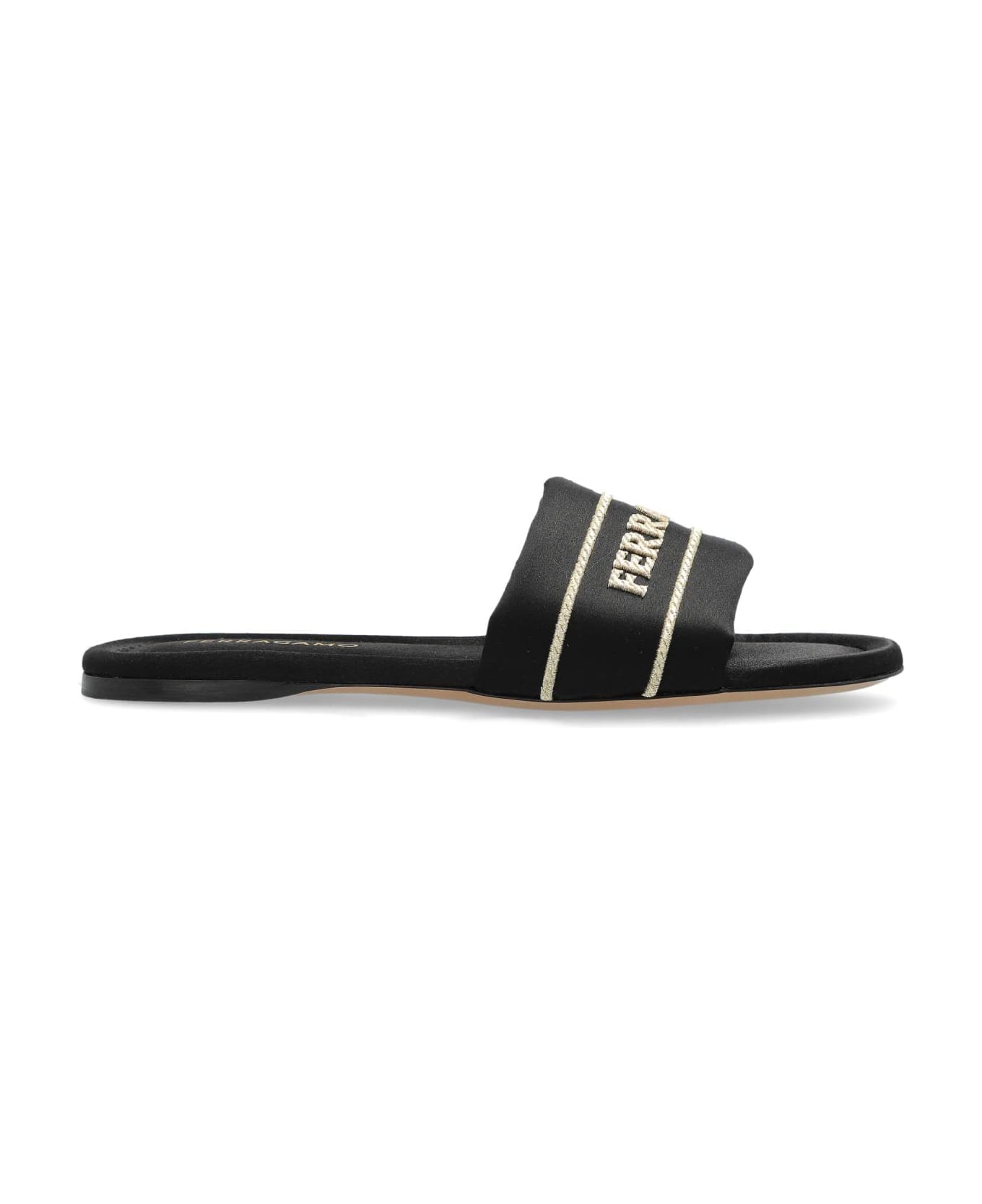 Ferragamo Satin Mules With Logo - BLACK